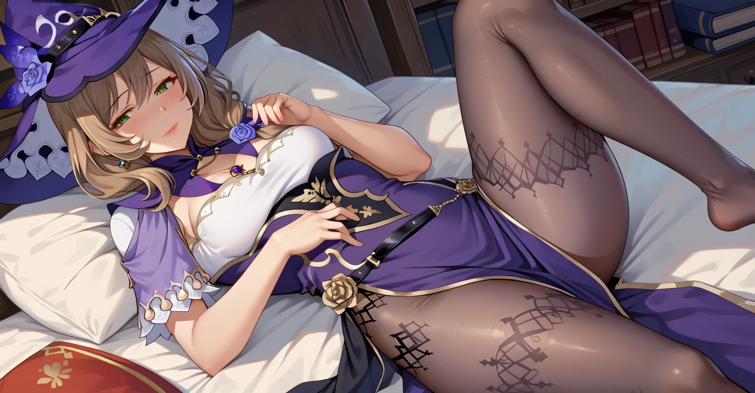 debris flies, highest quality, Highly detailed CG Unity 8K wallpaper, sexy witch , short hair、Dark blonde wavy hair、off shoulder knit, dark blue pleated skirt, stockings、medium breasts, saggy breasts, Pose that emphasizes the chest, blush, shy smile, bare shoulders, (((、open your legs wide、please open your knees)))、、nice magic book、church bed、lying in bed、stick out your butt、pink panties、pink good