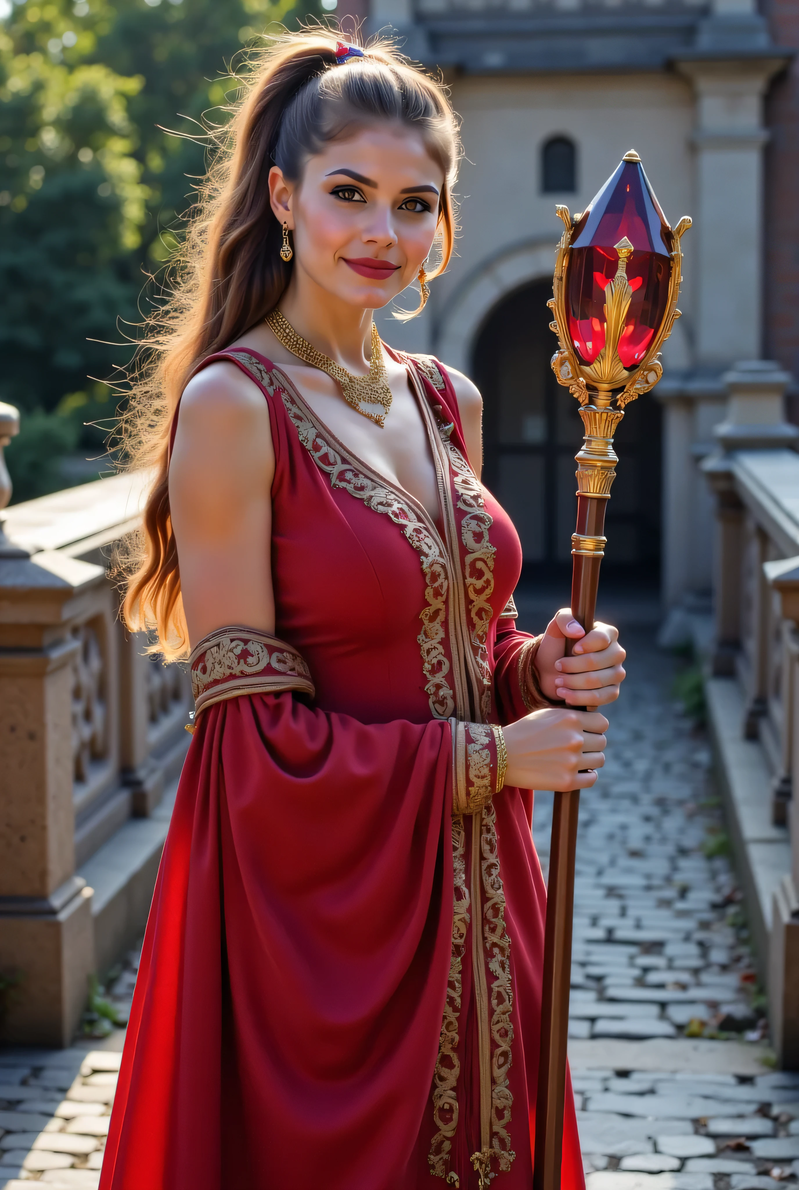 ((best quality, masterpiece, score_9, score_8_up, realistic photograph, life-like realism, fluxbodybuilder)), beautiful 19 year old age girl, ((light brown long hair top ponytail, side view, skinny girl with oversized breasts)), light ginger highlights, windy, (photo of a magical sorceress, head tilted, ((renaissance red silk gown, intricate, elaborate, gold embroidery, she's holding a magical staff with a large sapphire crystal on the tip, three gold chain necklaces, (((life-like photo French age supermodel, bright red lips, blackout eyeshadow goth, dark suntan)))))), pleasant smile, background medieval stone bridge over a sparkling bokeh river, smug look of superiority, overexposed