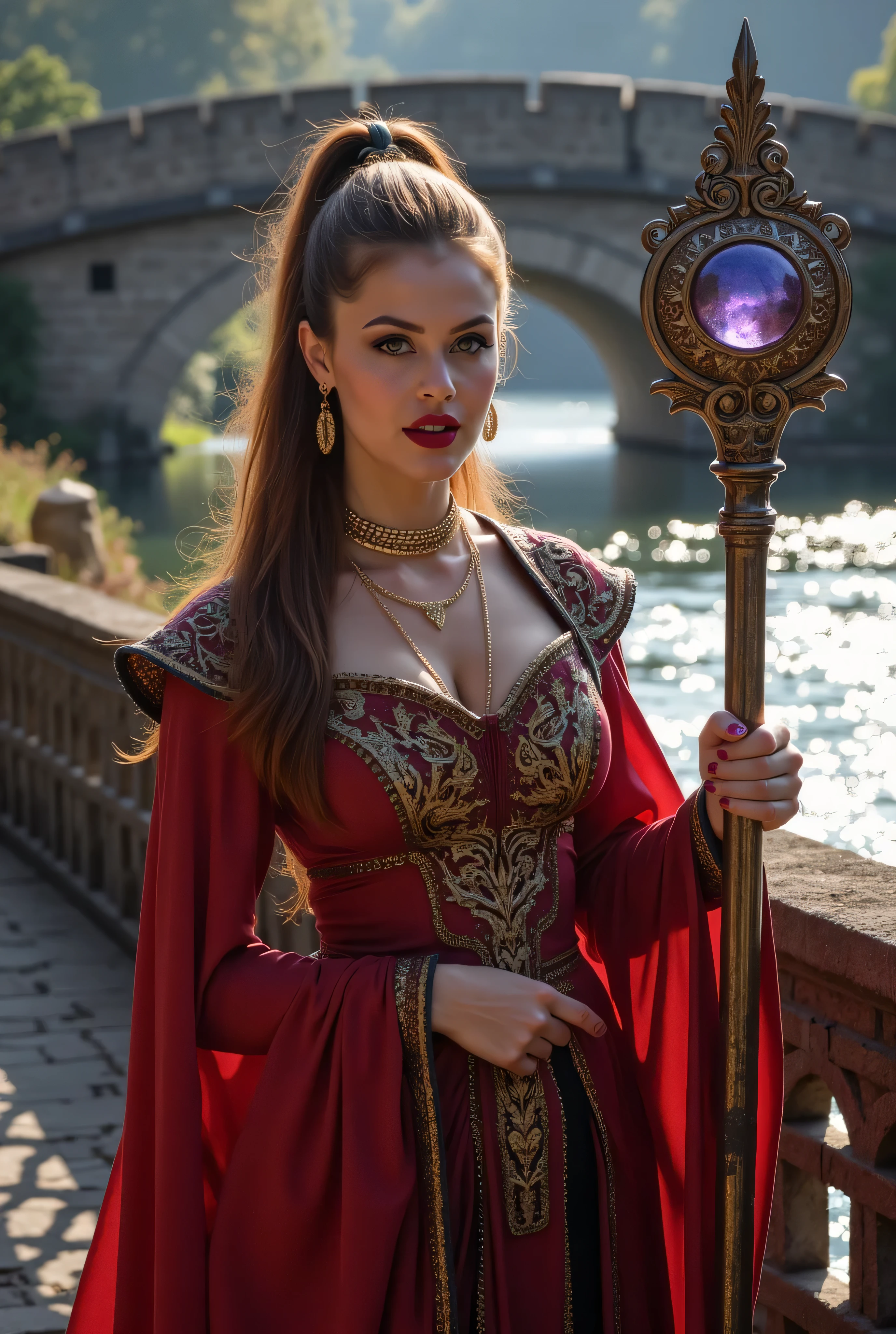 ((best quality, masterpiece, score_9, score_8_up, realistic photograph, life-like realism, fluxbodybuilder)), beautiful age girl, ((light brown long hair top ponytail, side view)), light ginger highlights, windy, (photo of a magical sorceress, head tilted, ((renaissance red silk gown, intricate, elaborate, gold embroidery, padded shoulders, she's holding a magical staff with a large sapphire crystal on the tip, three gold chain necklaces, (((life-like photo French age supermodel, bright red lips, blackout eyeshadow goth, dark suntan)))))), pleasant smile, background medieval stone bridge over a sparkling bokeh river, smug look of superiority, overexposed