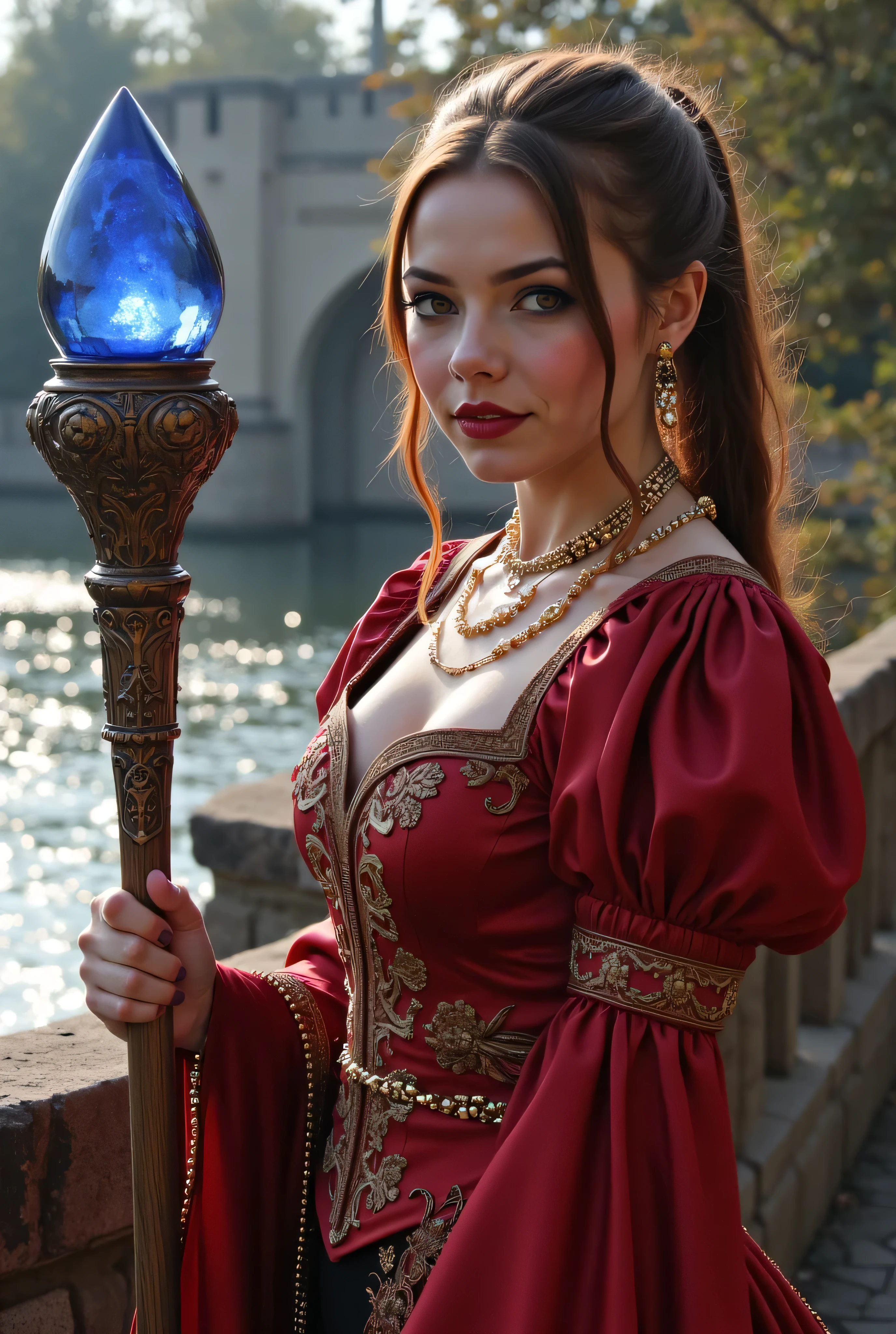 ((best quality, masterpiece, score_9, score_8_up, realistic photograph, life-like realism, fluxbodybuilder)), beautiful age girl, ((light brown long hair top ponytail, side view)), light ginger highlights, windy, (photo of a magical sorceress, head tilted, ((renaissance red silk gown, intricate, elaborate, gold embroidery, padded shoulders, she's holding a magical staff with a large sapphire crystal on the tip, three gold chain necklaces, (((life-like photo French age supermodel, bright red lips, blackout eyeshadow goth, dark suntan)))))), pleasant smile, background medieval stone bridge over a sparkling bokeh river, smug look of superiority, overexposed