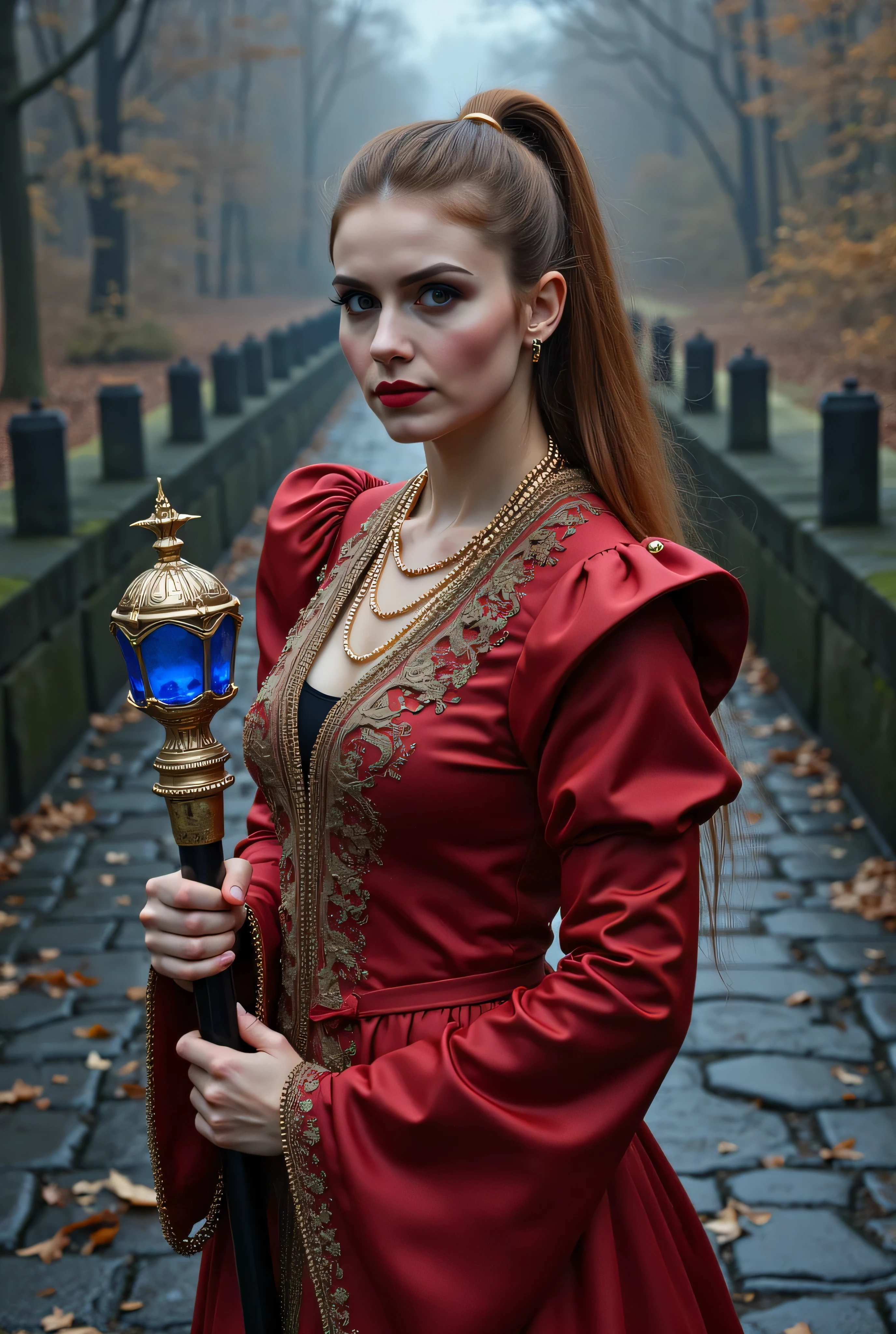 ((best quality, masterpiece, score_9, score_8_up, realistic photograph, life-like realism, fluxbodybuilder)), beautiful age girl, ((light brown long hair top ponytail, side view)), light ginger highlights, windy, (photo of a magical sorceress, head tilted, ((renaissance red silk gown, intricate, elaborate, gold embroidery, padded shoulders, she's holding a magical staff with a large sapphire crystal on the tip, three gold chain necklaces, (((life-like photo French age supermodel, bright red lips, blackout eyeshadow goth, dark suntan)))))), pleasant smile, background medieval stone bridge over a sparkling bokeh river, smug look of superiority, overexposed
