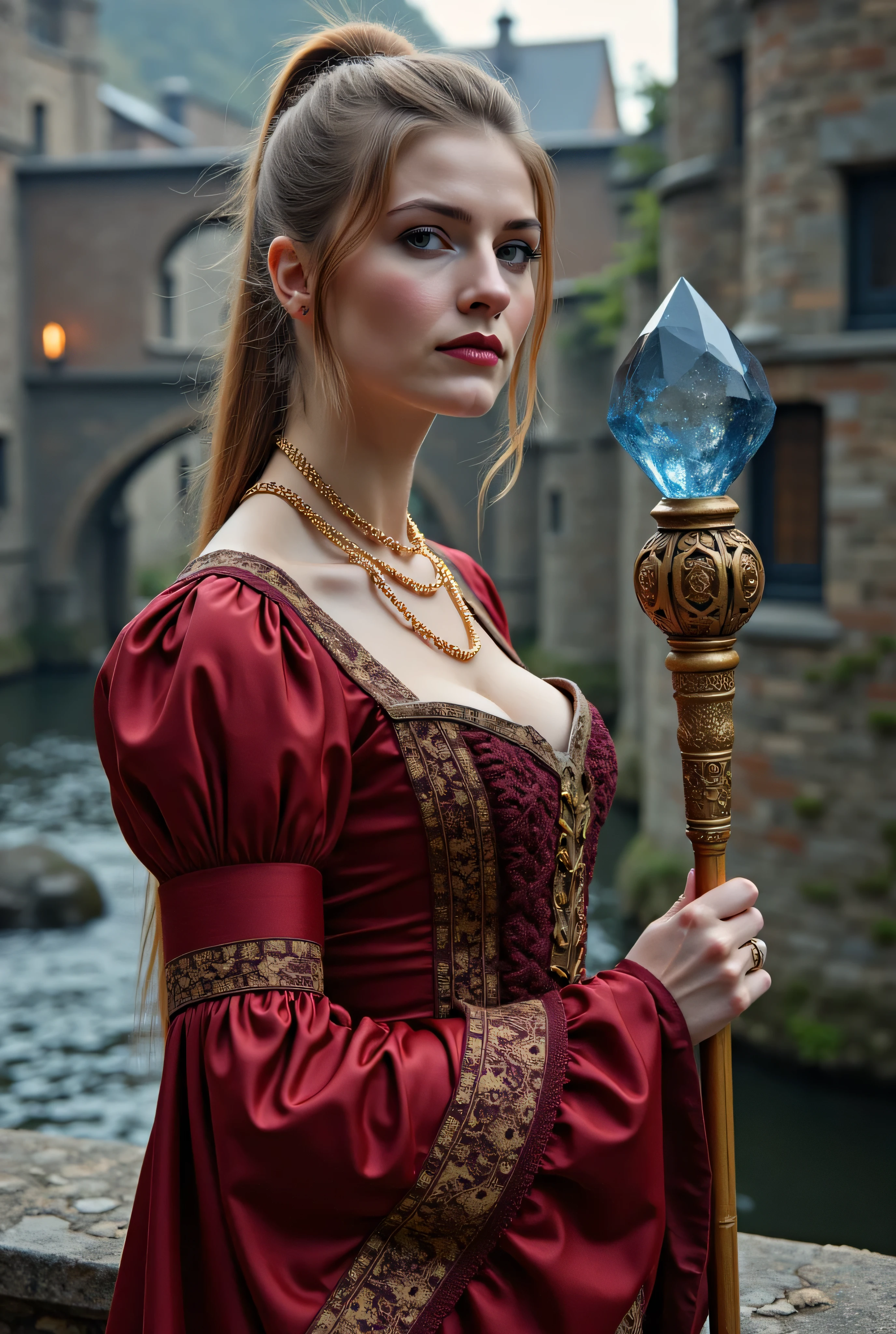 ((best quality, masterpiece, score_9, score_8_up, realistic photograph, life-like realism, fluxbodybuilder)), beautiful age girl, ((light brown long hair top ponytail, side view)), light ginger highlights, windy, (photo of a magical sorceress, head tilted, ((renaissance red silk gown, intricate, elaborate, gold embroidery, padded shoulders, she's holding a magical staff with a large sapphire crystal on the tip, three gold chain necklaces, (((life-like photo French age supermodel, bright red lips, blackout eyeshadow goth, dark suntan)))))), pleasant smile, background medieval stone bridge over a sparkling bokeh river, smug look of superiority, overexposed