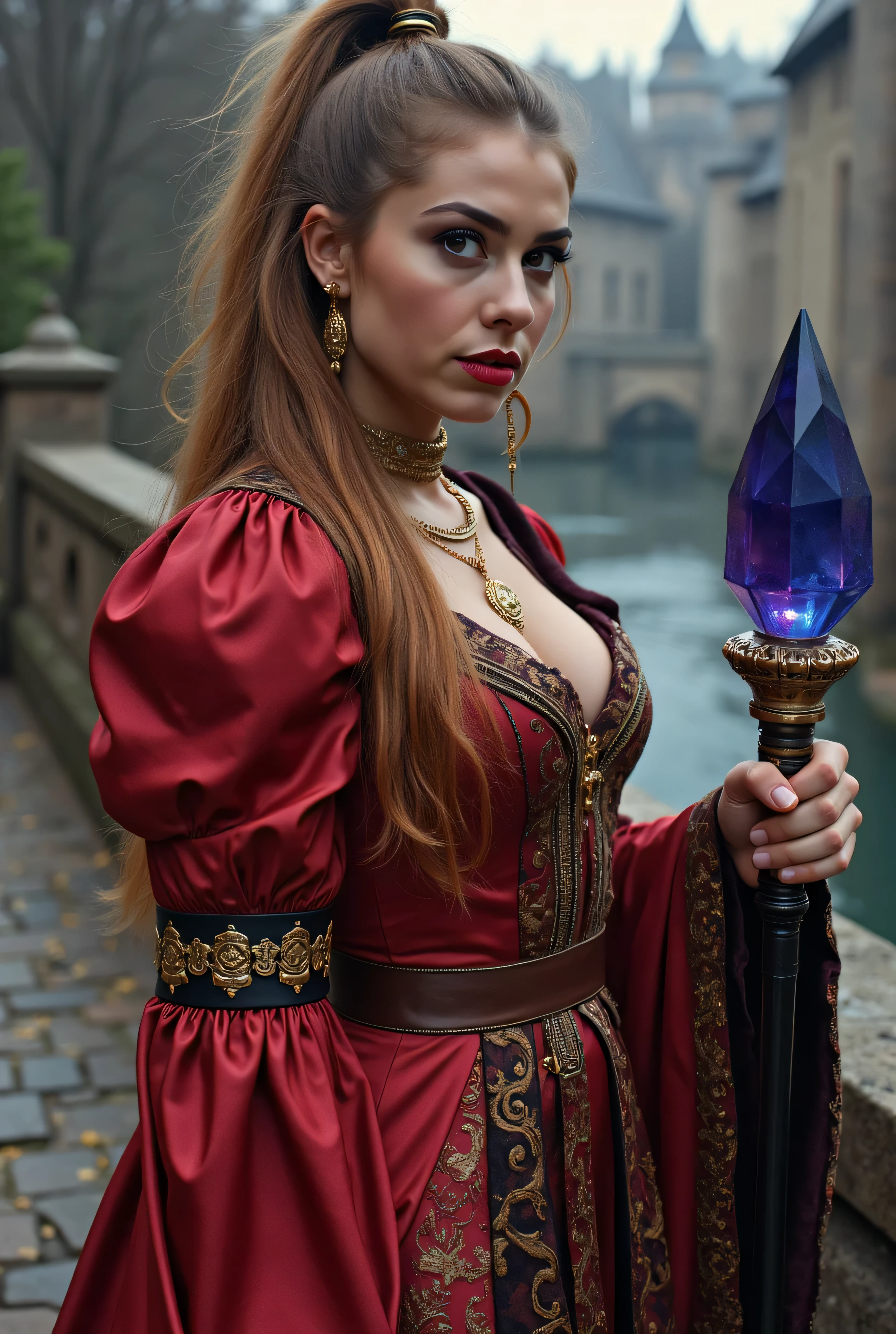 ((best quality, masterpiece, score_9, score_8_up, realistic photograph, life-like realism, fluxbodybuilder)), beautiful age girl, ((light brown long hair top ponytail, side view)), light ginger highlights, windy, (photo of a magical sorceress, head tilted, ((renaissance red silk gown, intricate, elaborate, gold embroidery, padded shoulders, she's holding a magical staff with a large sapphire crystal on the tip, three gold chain necklaces, (((life-like photo French age supermodel, bright red lips, blackout eyeshadow goth, dark suntan)))))), pleasant smile, background medieval stone bridge over a sparkling bokeh river, smug look of superiority, overexposed