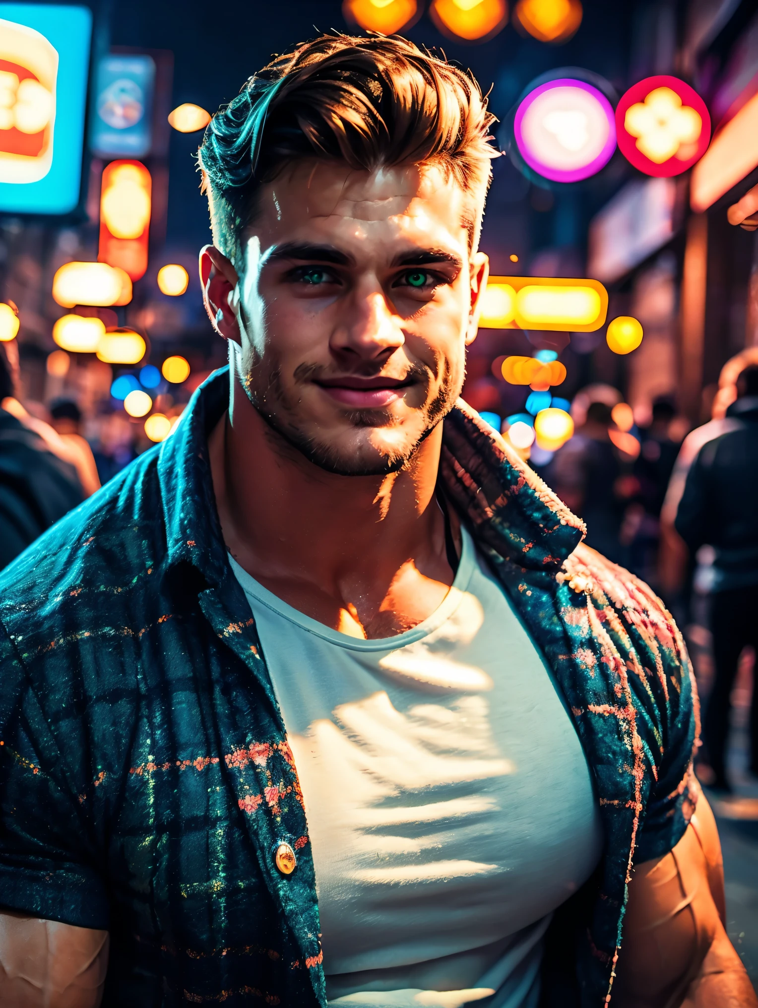 realistic, masterpiece, best quality, cinematic, dynamic lighting, soft shadow, highest detail, professional photography, detailed background, depth of field, insane details, intricate, aesthetic, detailed face, subsurface scattering, realistic hair, realistic eyes, 1man, 35 years old, bodybuilder, very muscular, Portrait photo of a handsome man wearing a plaid flannel shirt, white t-shirt, jeans, long brown hair, green eyes, dark brown skin, smile, (neon lights), sharp focus, futuristic city street, soft lighting, vibrant colors, facing camera, vibrant colors,