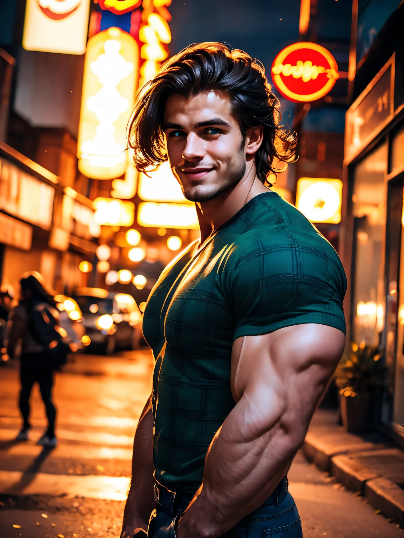 realistic, masterpiece, best quality, cinematic, dynamic lighting, soft shadow, highest detail, professional photography, detailed background, depth of field, insane details, intricate, aesthetic, detailed face, subsurface scattering, realistic hair, realistic eyes, 1man, 35 years old, bodybuilder, very muscular, Portrait photo of a handsome man wearing a plaid flannel shirt, white t-shirt, jeans, long brown hair, green eyes, dark brown skin, smile, (neon lights), sharp focus, futuristic city street, soft lighting, vibrant colors, facing camera, vibrant colors,