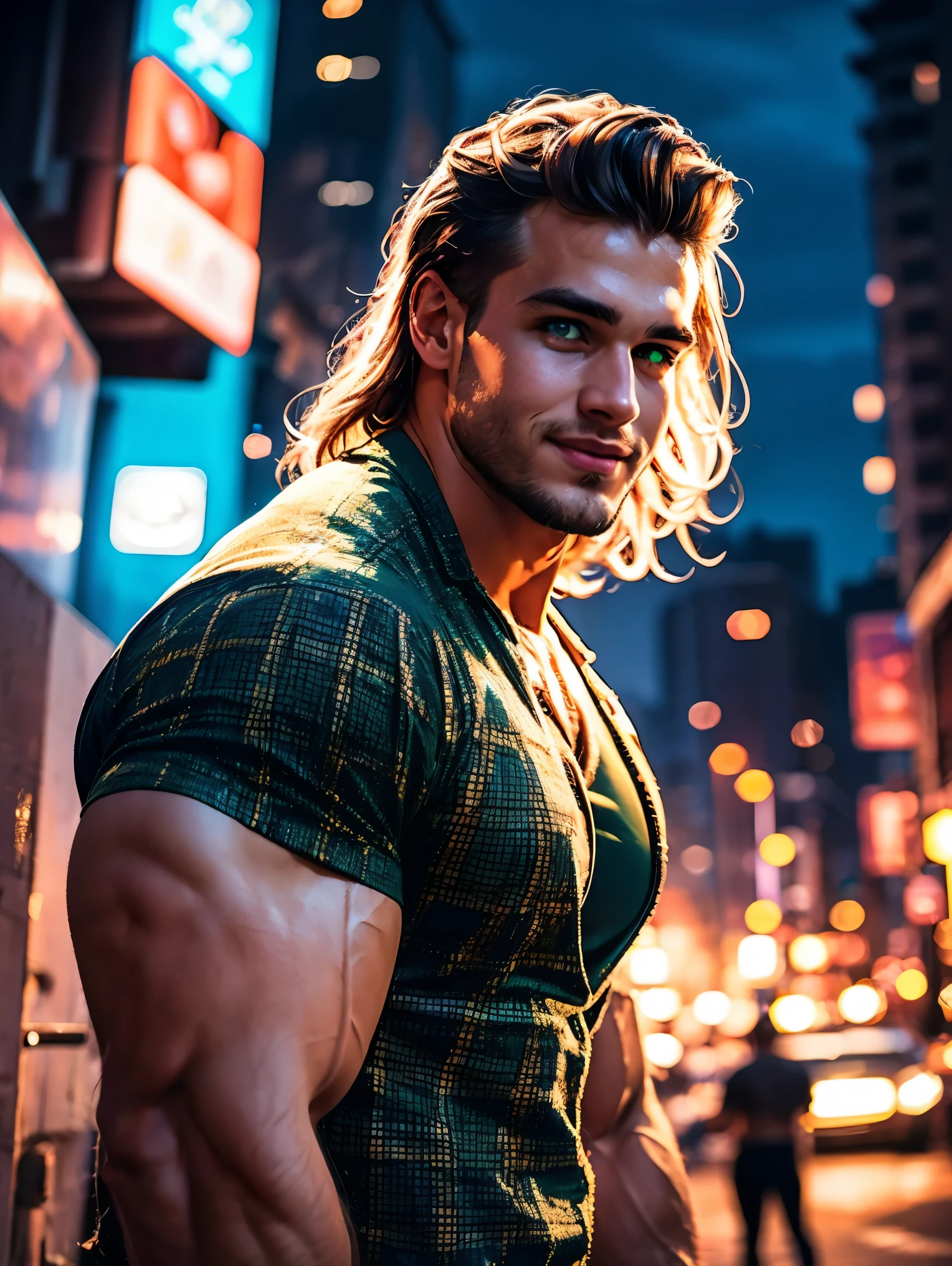 realistic, masterpiece, best quality, cinematic, dynamic lighting, soft shadow, highest detail, professional photography, detailed background, depth of field, insane details, intricate, aesthetic, detailed face, subsurface scattering, realistic hair, realistic eyes, 1man, 35 years old, bodybuilder, very muscular, Portrait photo of a handsome man wearing a plaid flannel shirt, white t-shirt, jeans, long brown hair, green eyes, dark brown skin, smile, (neon lights), sharp focus, futuristic city street, soft lighting, vibrant colors, facing camera, vibrant colors,
