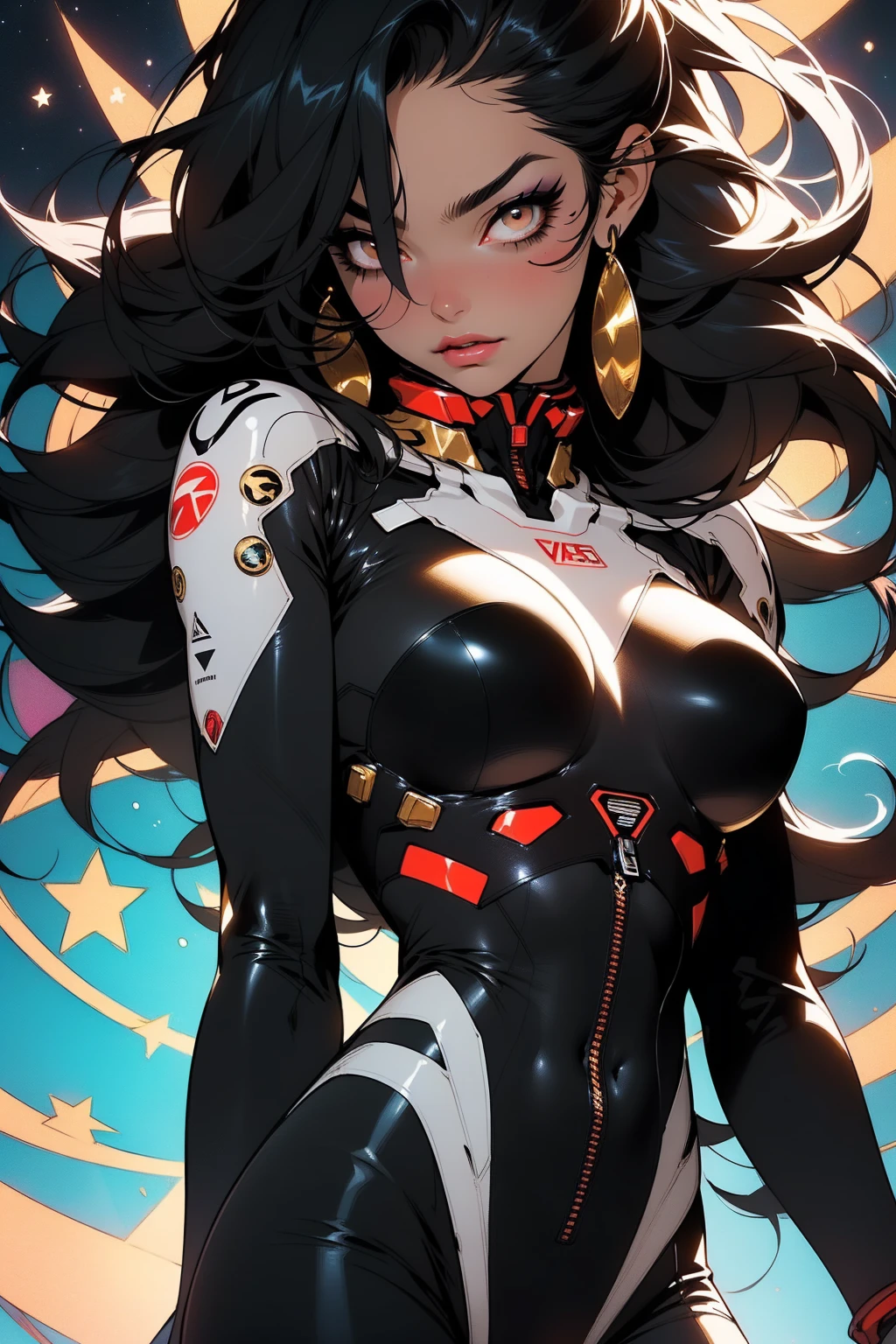 Sexy woman, 30 years old, long_black_hair, naked, big_breasts, wide_hips, thigh_gap, holding her jacket open with her hands, looking at the viewer, kissing,