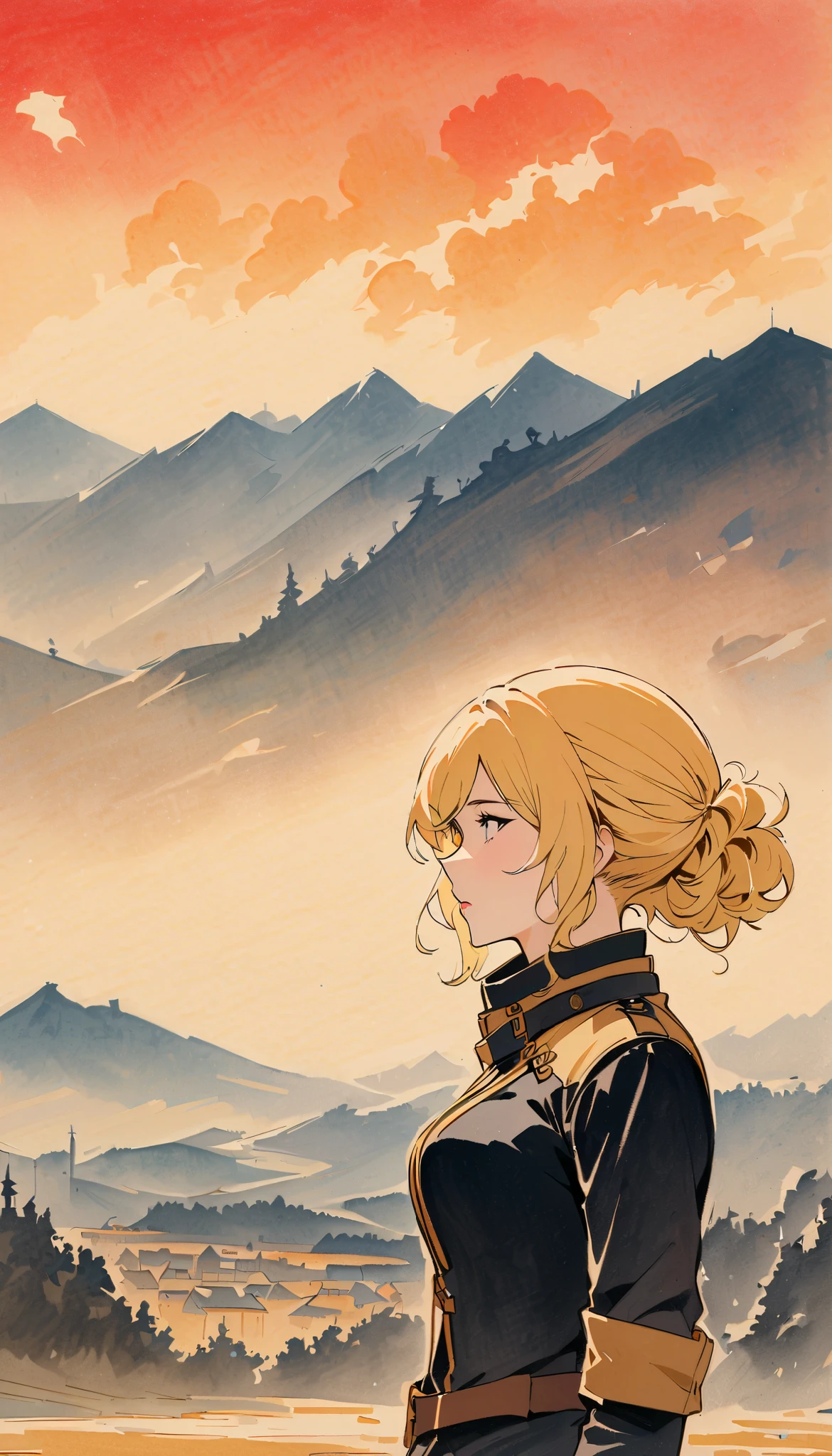 vintage movie, girl, wavy blonde hair, woman body, black top, black bodycon skirt, black boots, village View, Silhouette of clouds, traditional media, Contemplative. yang xiao long from rwby, winter