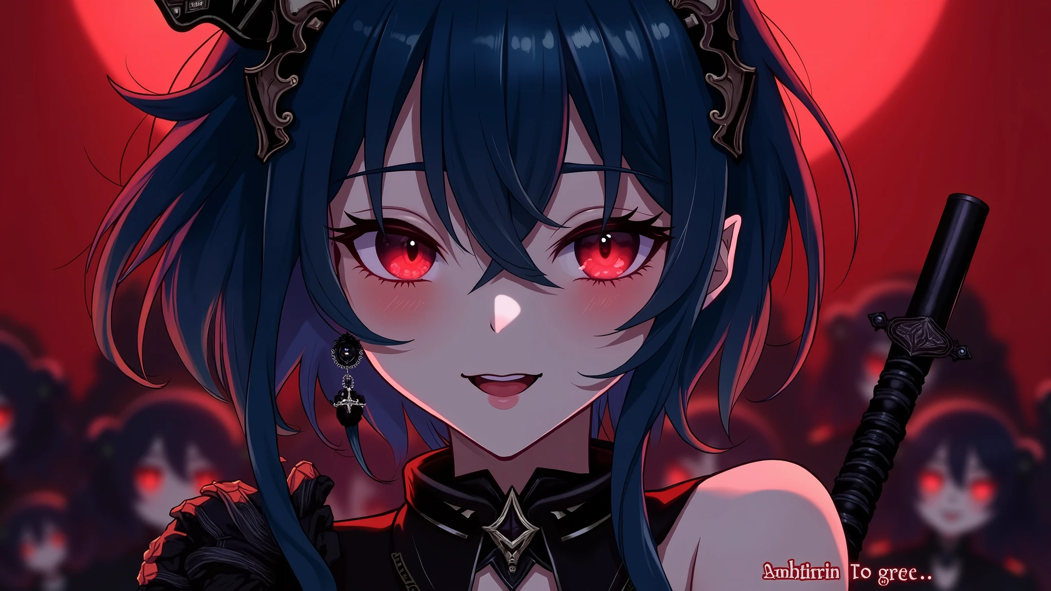 Close-up portrait of a vampire girl , blue hair, short hair , Yelan Genshin Impact , intricate dress, ((Gothic)) Aristogracy , red background , while smiling ,Gran crown,Ojos rojos,evil look,evil look.black earrings,black rings ,Evil laugh ,smile,Yamato,fangs, Goth girl sex