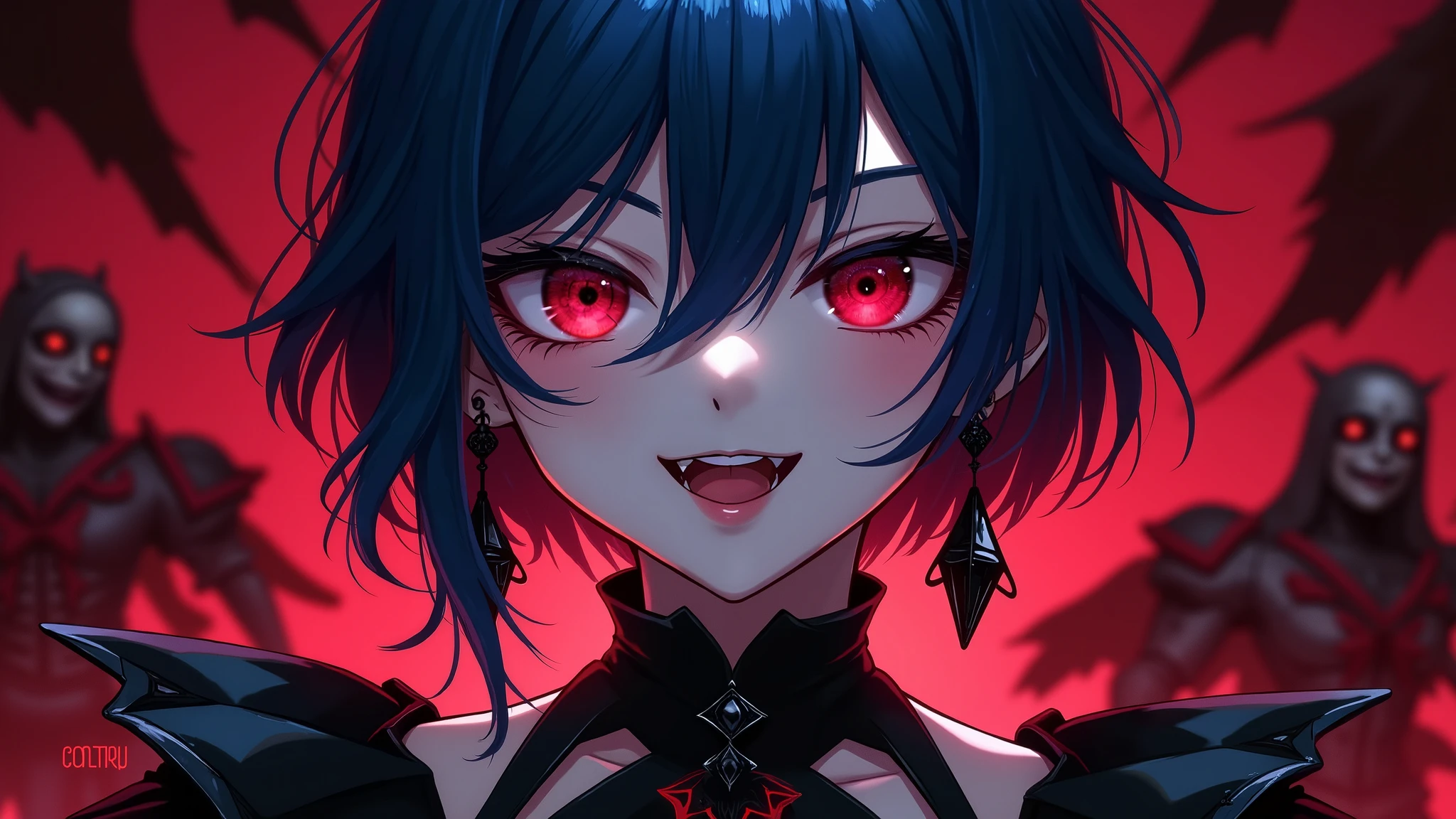 Close-up portrait of a vampire girl , blue hair, short hair , Yelan Genshin Impact , intricate dress, ((Gothic)) Aristogracy , red background , while smiling ,Gran crown,Ojos rojos,evil look,evil look.black earrings,black rings ,Evil laugh ,smile,Yamato,fangs, Goth girl sex