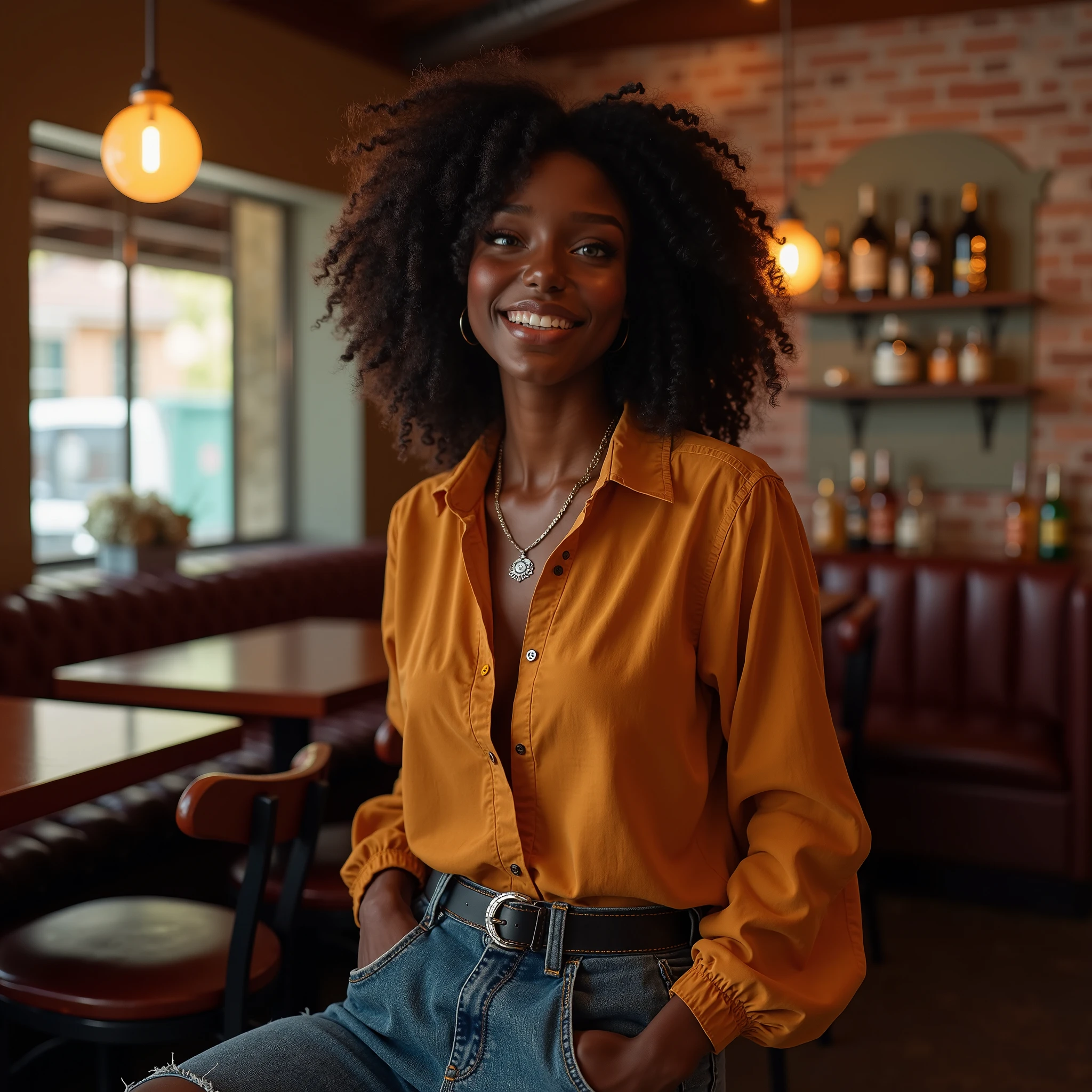 black woman, 1girl, selfie, looking at viewer, blue eyes,  smile, sitting in a coffee shop, depth of field,  red jeans, shirt tucked in,