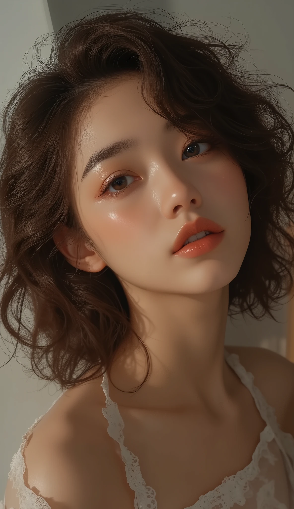 sexy girl, Half Korean, Half German, Heart shaped face, curly medium length hair, portrait , 【YouTube videos, realistic, photograph, Ring Light, Ring Light, Every week 1