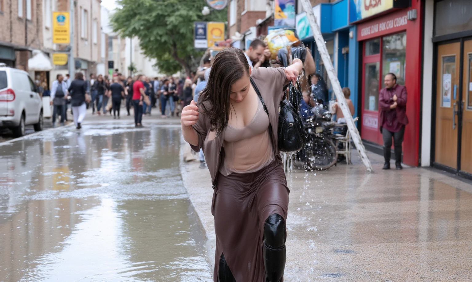 (nudity, explicit, :1.1) happy smiling, sloppy girl, in the rain at a concert, people coming and going, many women, obscene, crowded, poor, torn and dirty tattered dirty clothes, collarbone, no bra, torn micro pants, wet clothes, dirty hair, dirty face, dirty skin, sweaty skin, (sweat: 1.5), muddy skin, muddy feet, bare feet, small breasts, unkempt hair, tan, full body portrait, physically based rendering, cinematic lighting, complex and cinematic look, night, street lamp light, photorealistic, cowboy shot, Dynamic Angle