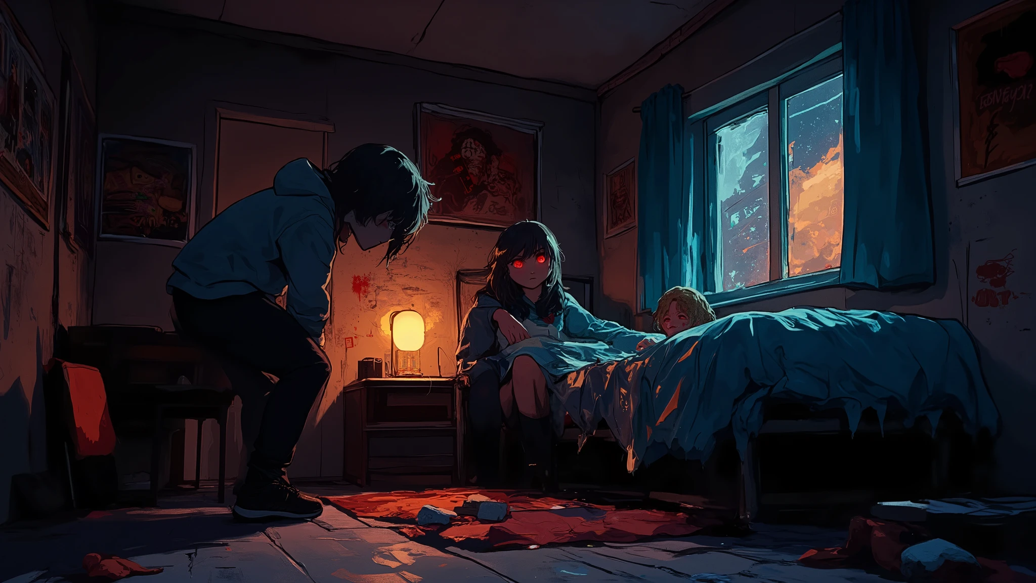  In a dark and dark room ,  illuminated only by a faint light that enters through a dirty window , Push the door .  The room is decorated with posters of horror movies and broken toys scattered on the floor. in the center,  a messy bed with brightly colored sheets ,  who observes the scene with a mixture of disbelief and delight .

 The figure on the bed ,  a young man with messy hair and bright eyes ,  slowly creeps up .  Your gaze stops at an old movie projector resting on a table next to it , Covered in dust.  A shiver runs down your back as you remember the stories you had heard about the place . However,  curiosity pushes him to get up and approach the projector .

 As he bends down to inspect it ,  hear a soft whisper coming from the darkest corner of the room .  He stops in his tracks ,  Her heart is pounding . " Who's there ?" ask,  your trembling voice echoing in the silence . There is no answer ,  only the crackling of wood under your feet .

 With determination ,  approaches the corner ,  illuminating with his phone the space covered in shadows .  hold there he finds an old rag doll ,  with a worn smile and eyes that seem to follow him .  A strange feeling of nostalgia invades him ,  but also a deep fear .  What secrets does this particular room ?

 Determined to discover the truth , sits on the floor,  in front of the projector ,  and he begins to search for the old tapes There are around you .  Each one of them seems to tell a different story ,  but a It catches your attention : "The Last Whisper ".  With trembling hands ,  He places the tape on the projector and turns it on . The light is flashing, , projecting disturbing images on the wall ,  while the air is charged with a palpable tension .

 As the images come to life , su mente se llena de asks.  Is this room a haven of forgotten memories or a portal to something darker ?  The mixture of disbelief and delight is 
