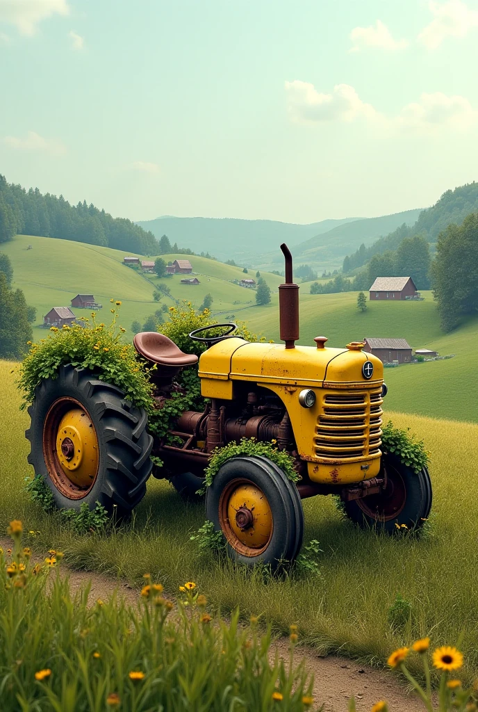 Make an old yellow tractor transform with the landscape into a farm