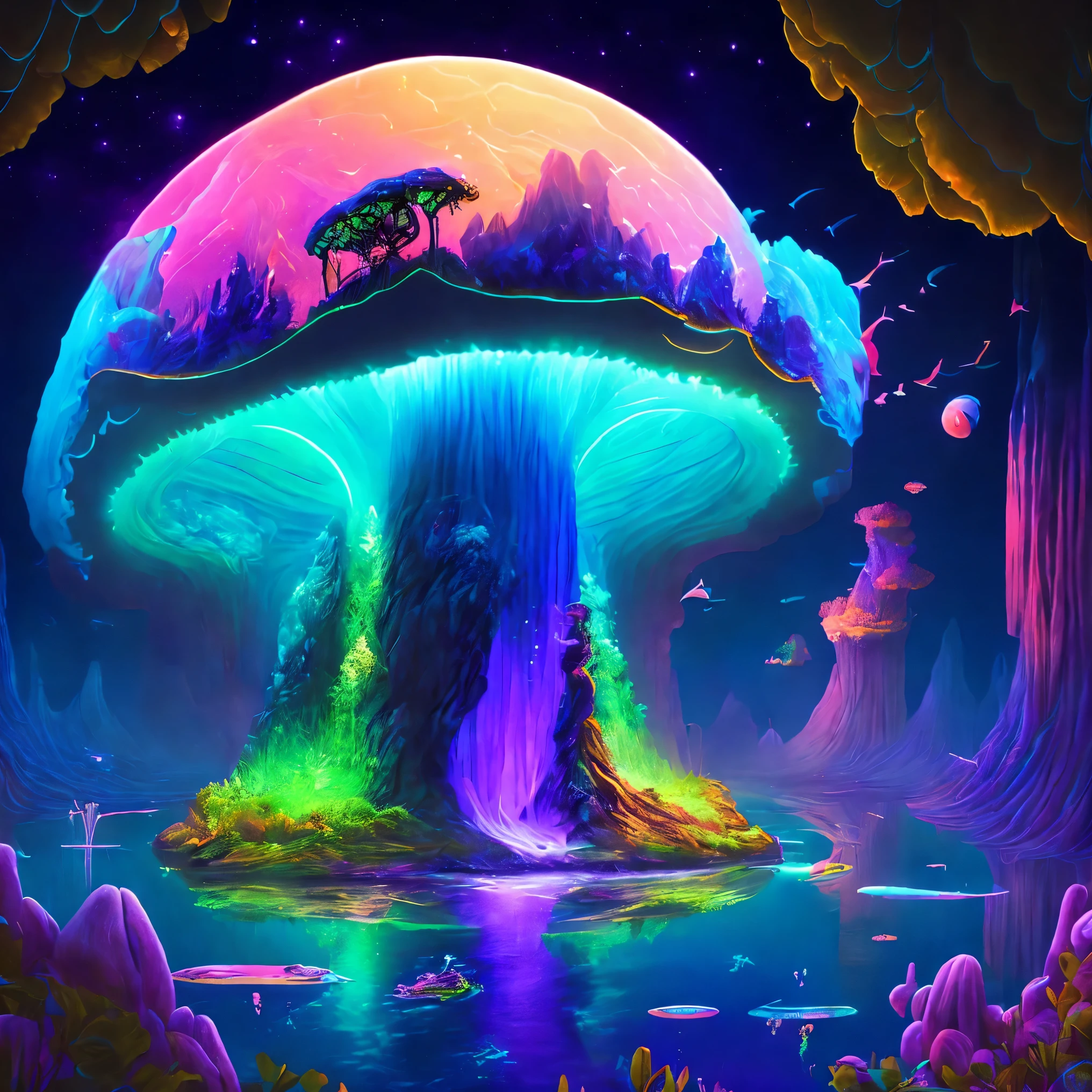 Una fata in Una giungla fantastica incantevole sotto un cielo officerre, (officer), magic mushrooms massive floating islands covered with lush vegetation, overhanging waterfalls , and illuminated creatures that twirl through the night , digital artwork , neon colors