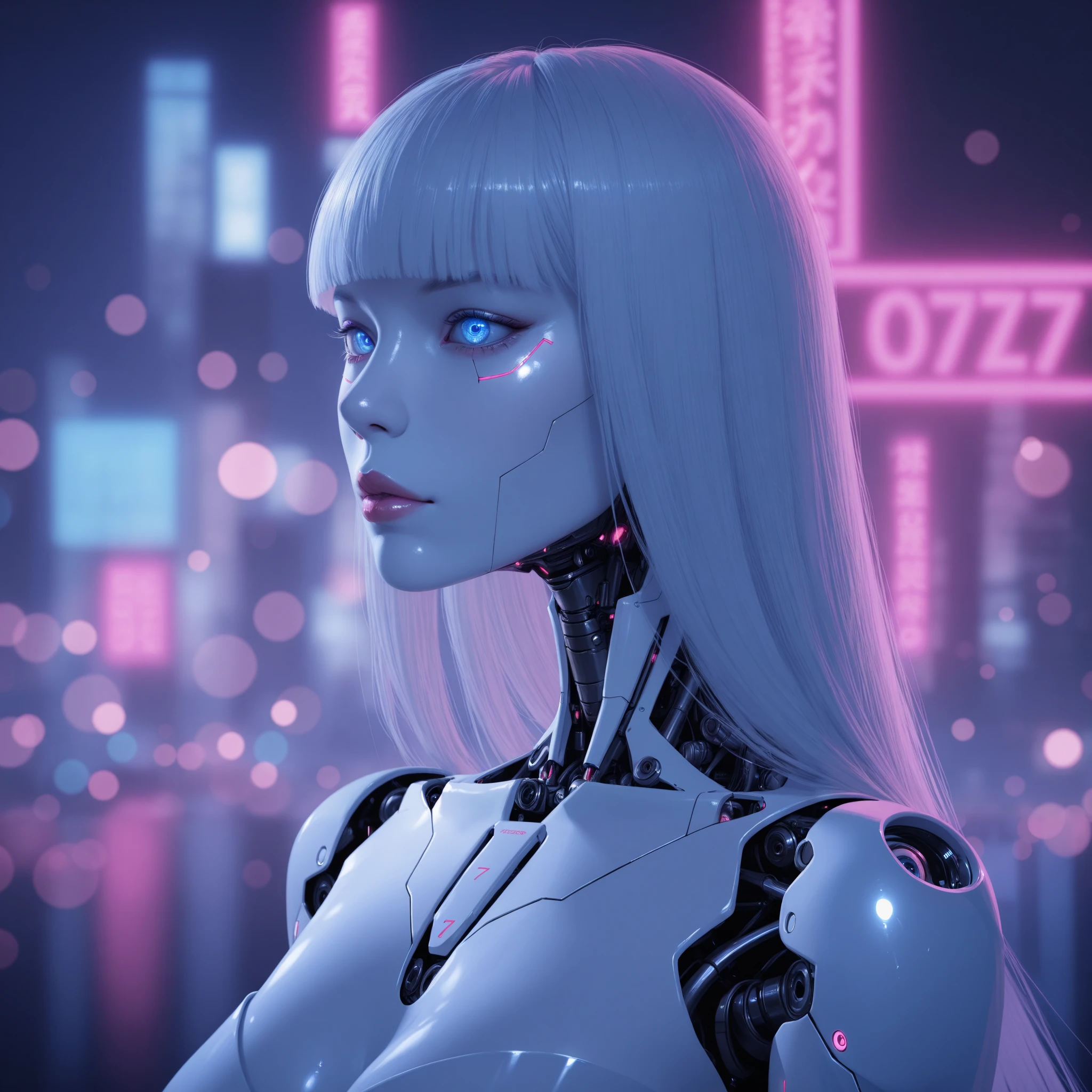 side view, Glowing neon reflection, glossy lips, cyberpunk vibe, dramatic low angle, high-angle, elegant neckline, soft shoulder curve, gentle tilt, subtle shadows, refined elegance, very long hair, extra long, hime cut, expressive makeup, cyborg, cyber-doll-eyes, very detailt mechanical body parts, blue eyes, pearl skin, futuristic skyline background.
A professional, high-quality, hyper-realistic portrait of a woman. The image features ultra-detailed eyes, realistic skin texture, intricate facial features, and cinematic lighting. Shot in low light with a Nikon Z7 II and a NIKKOR Z 50mm f/1.8 lens, showcasing shallow depth of field (bokeh) and RAW photography quality. Masterpiece-level, sharp and photorealistic, fine art photography style.