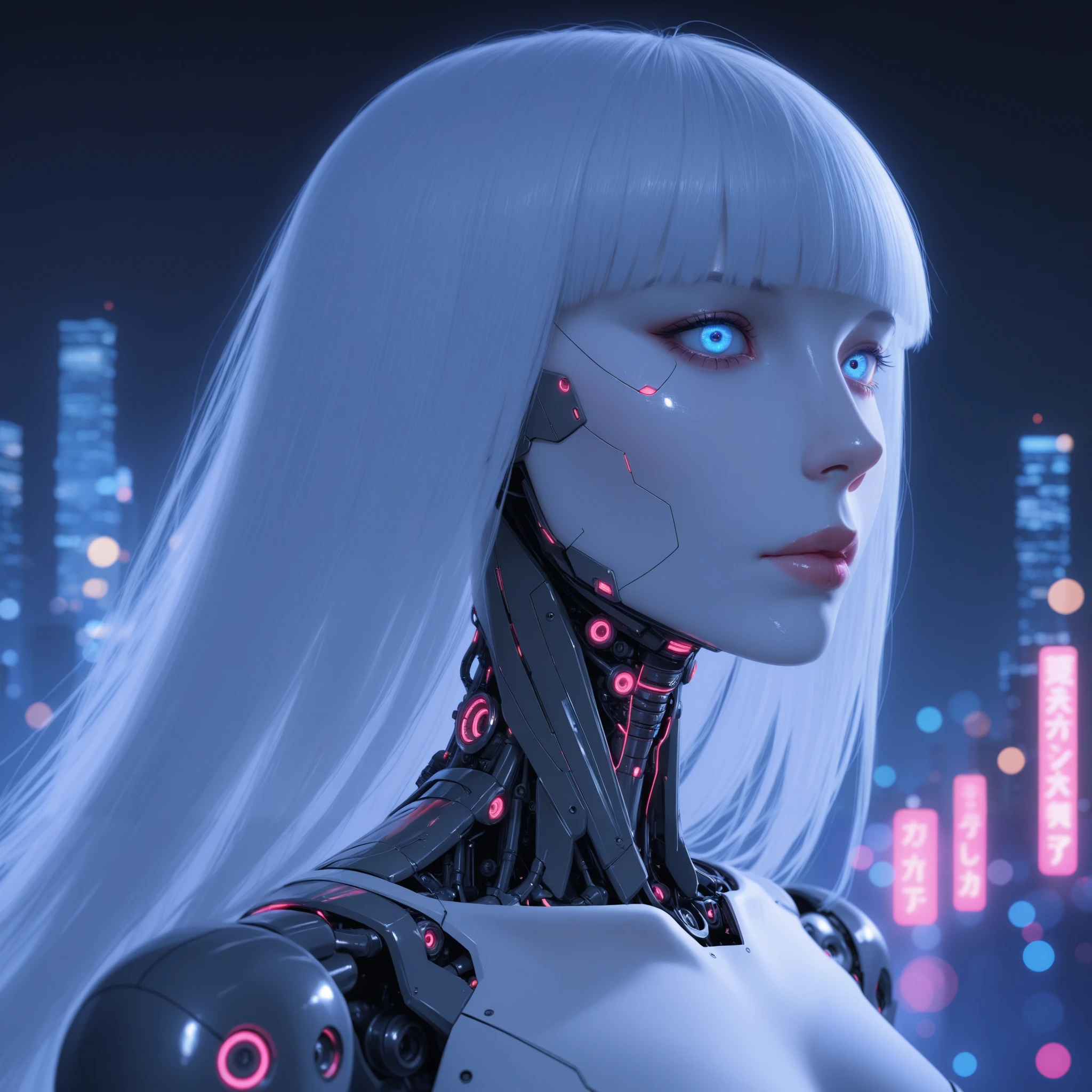 side view, Glowing neon reflection, glossy lips, cyberpunk vibe, dramatic low angle, high-angle, elegant neckline, soft shoulder curve, gentle tilt, subtle shadows, refined elegance, very long hair, extra long, hime cut, expressive makeup, cyborg, cyber-doll-eyes, very detailt mechanical body parts, blue eyes, pearl skin, futuristic skyline background.
A professional, high-quality, hyper-realistic portrait of a woman. The image features ultra-detailed eyes, realistic skin texture, intricate facial features, and cinematic lighting. Shot in low light with a Nikon Z7 II and a NIKKOR Z 50mm f/1.8 lens, showcasing shallow depth of field (bokeh) and RAW photography quality. Masterpiece-level, sharp and photorealistic, fine art photography style.