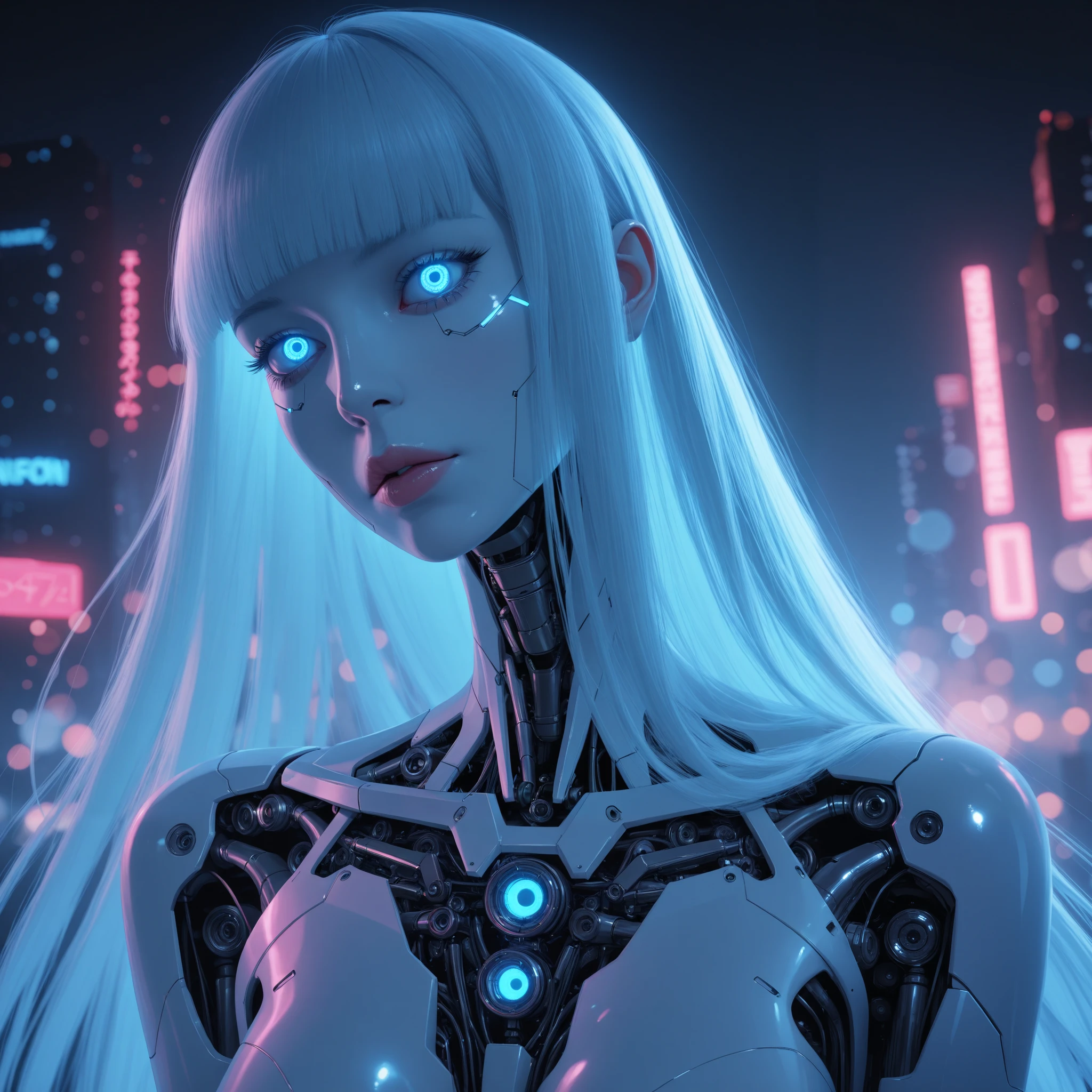 side view, Glowing neon reflection, glossy lips, cyberpunk vibe, dramatic low angle, high-angle, elegant neckline, soft shoulder curve, gentle tilt, subtle shadows, refined elegance, very long hair, extra long, hime cut, expressive makeup, cyborg, cyber-doll-eyes, very detailt mechanical body parts, blue eyes, pearl skin, futuristic skyline background.
A professional, high-quality, hyper-realistic portrait of a woman. The image features ultra-detailed eyes, realistic skin texture, intricate facial features, and cinematic lighting. Shot in low light with a Nikon Z7 II and a NIKKOR Z 50mm f/1.8 lens, showcasing shallow depth of field (bokeh) and RAW photography quality. Masterpiece-level, sharp and photorealistic, fine art photography style.