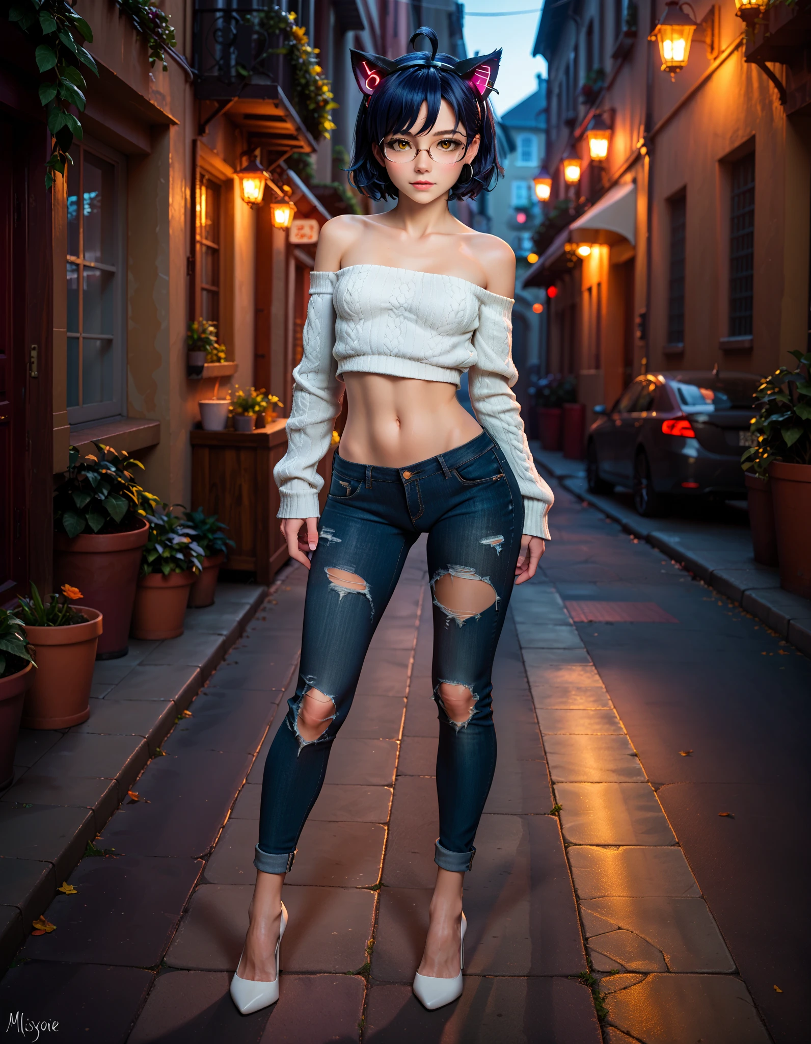 score_9, score_8_up, score_7_up, score_6_up, solo, shy, Standing at attention, clear light skin, very long straight hair, Young girl, Beautiful Finger, Beautiful long legs, Beautiful body, perfect eyes, expressive eyes, looking at viewer, 16k wallpaper, perfect lighting, masterpiece, (Beautiful small Breasts:1.2), (slender girl), (on the street in small town:1.3), summer day, ear headphone in the form of cat ears, denim microshort, low-waist microshorts, loose cropped sweater with open shoulders, look at you, torn jeans, sexy jeans, mz, ahoge, short hair, blue hair, yellow eyes, glasses, strapless, white high heels