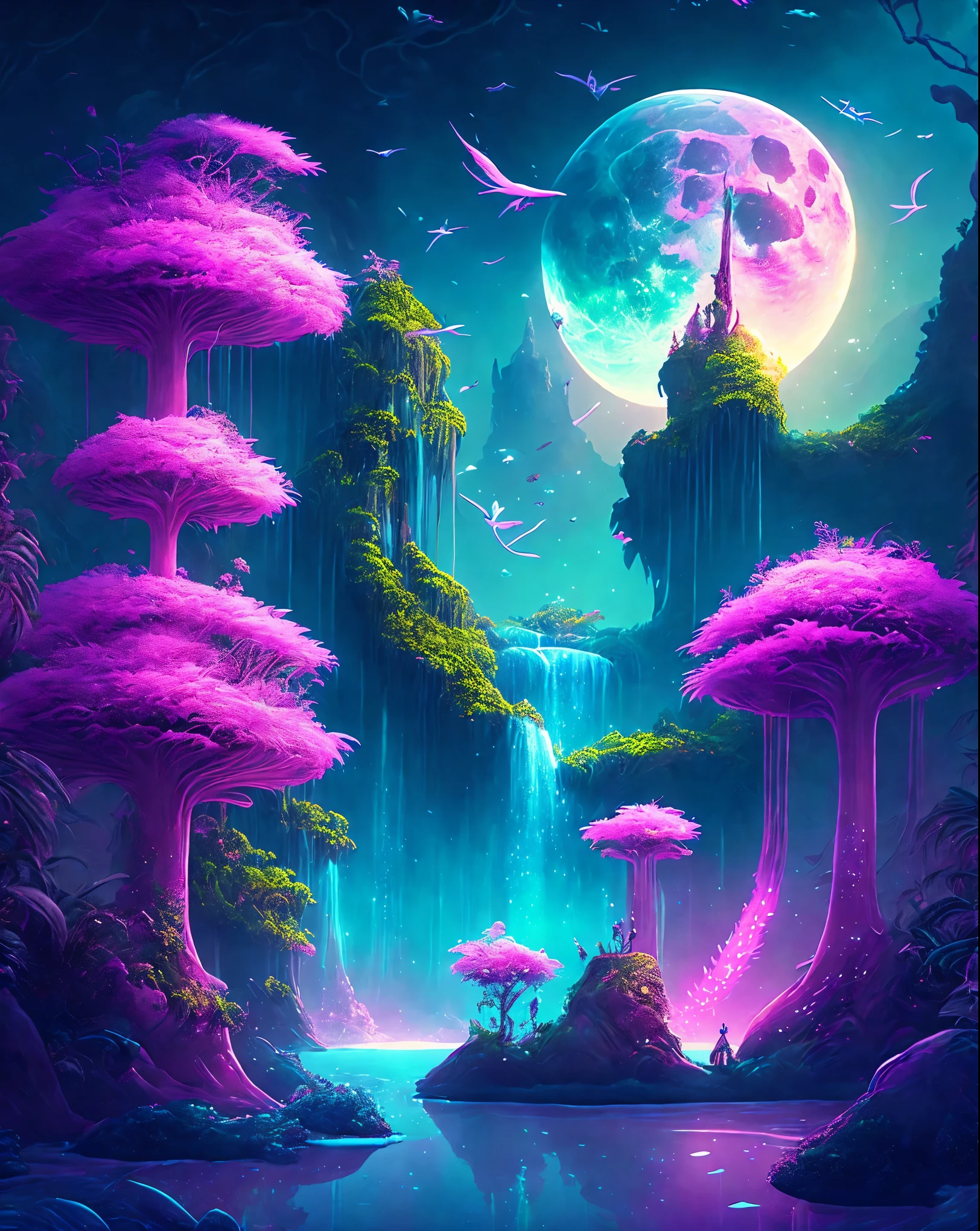 An enchanting fantastic jungle under a lunar sky , massive floating islands covered in lush vegetation, (Something pink), overhanging waterfalls , and illuminated creatures that twirl through the night , digital artwork