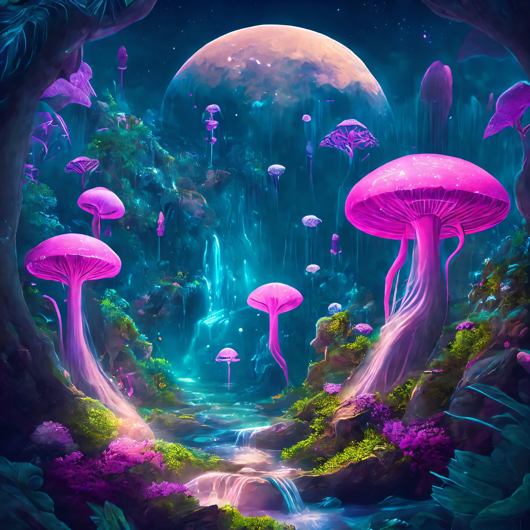 An enchanting fantastic jungle under a lunar sky , Magic mushrooms, massive floating islands covered in lush vegetation, Something pink:0.2, overhanging waterfalls , and illuminated creatures that twirl through the night , digital artwork