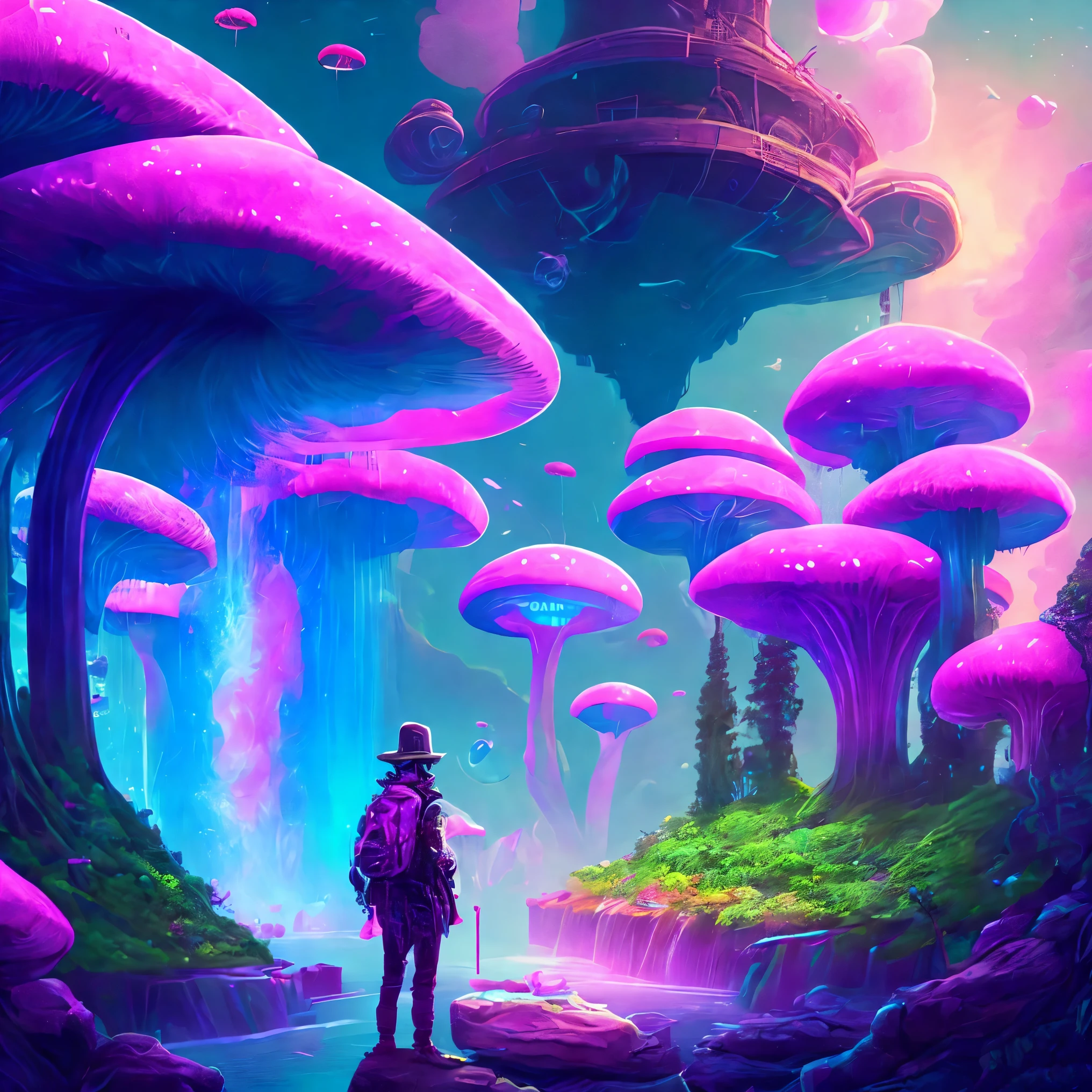 Una giungla fantastica incantevole sotto un cielo officerre, officer, Magic mushrooms:1.1, massive floating islands covered in lush vegetation, Something pink:0.2, overhanging waterfalls , and illuminated creatures that twirl through the night , something steampunk:1.2, digital artwork , neon colors