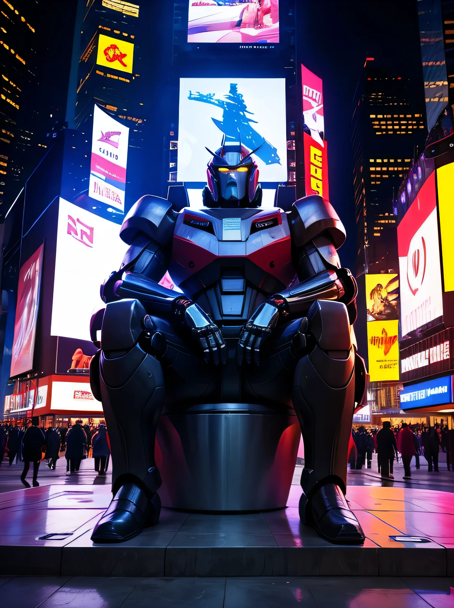 A giant robot in New York in Time Square sitting watching the giant screen TV