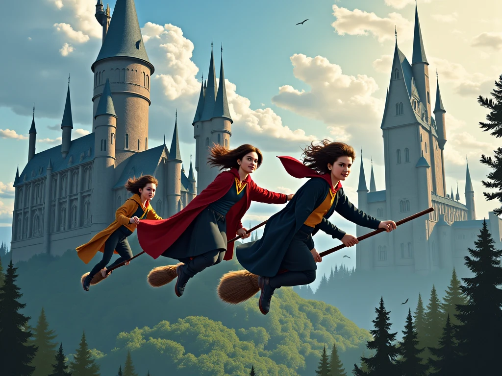 students riding a broom into the sky