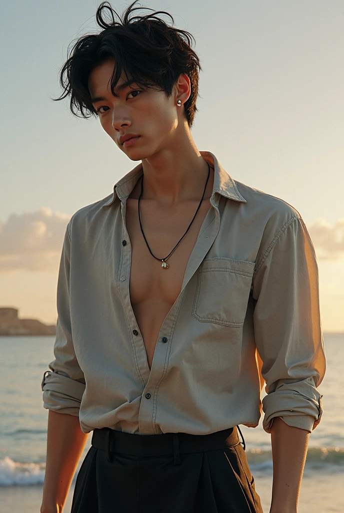 shirtless sweat-drenched 21-year old short black hair caucasian male, tattered jeans, sneakers, dripping with sweat, shirtless, one hand on the head, sitting on the ground, in the desert 