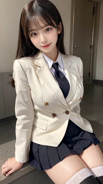 Japanese ID, Mature Woman, Wavy black hair with no bangs, Long Hair:1.65, Flashy makeup, Fuller lips, Sexy Gaze, very cute uniform, looking at the camera, Low angle shooting, Cute duck lips,((Very accurate and correct anatomy)), (masterpiece:1.45), Perfect balance, Realistic photos, Full Shot, whole body, ((height: 168cm)), High heels, loafers, (2 Foot, Two Arms), ((Panty shot)),Big Breasts:1.95