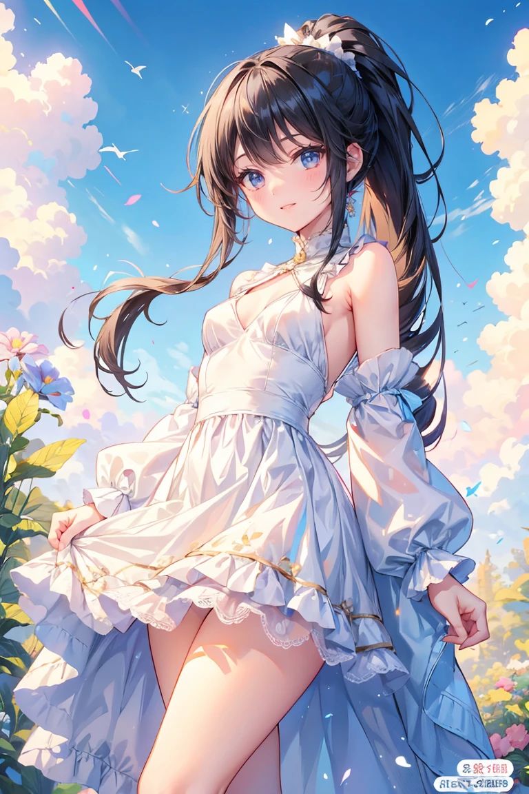 Arafed image of a beautiful girl dressed as a maid and white stockings posing for a photograph, anime girl, royal blue maid uniform with miniskirt and ruffles, short sleeves, choker with a blue bow, white apron, low-cut chest, large round breasts, colored inner hair, dark brown hair, bangs, long hair, ponytail, wavy hair, swept bangs, shiny hair, hairclip, hair ribbon, maid headdress, butterfly hair ornament, aqua eyes, glowing eyes, pupils sparkling, earrings, shy, blush, red lips, glossy lips, teeth, nose blush, embarrassed, (standing, modern mansion, skirt lift), full body, defined and perfect body, high detail, anime, anime style, chiaroscuro, depth of field, dithering, image fill, framed, wide shot, panorama, perspective, lens flare, Wide-Angle, f/1.8, 85mm, Nikon, 8k, super detail, UHD, retina, masterpiece, accurate, anatomically correct, high details, best quality, highres, 1080P, 16k