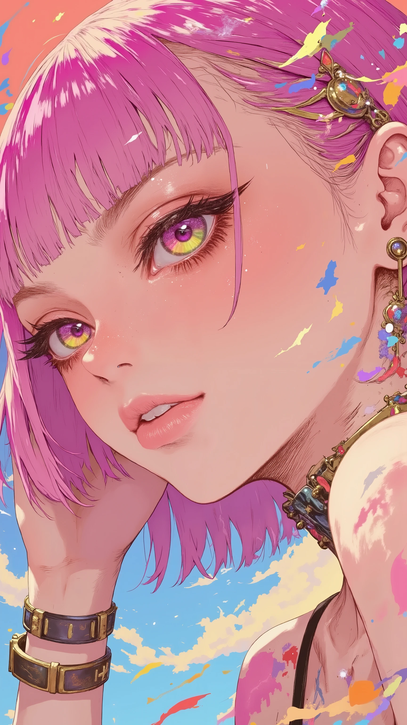 Low-angle, profile, close-up, girl, vibrant, glossy, detail, big eyes, colorful iris, pink, orange, purple, vibrant iris that captures light, pink hair, gold jewelry, earrings, bracelets, playful expressions, slightly open mouth, staring down, dynamic pose, rainbow splash, ingenious, warm and vibrant palette, pink, orange, purple,