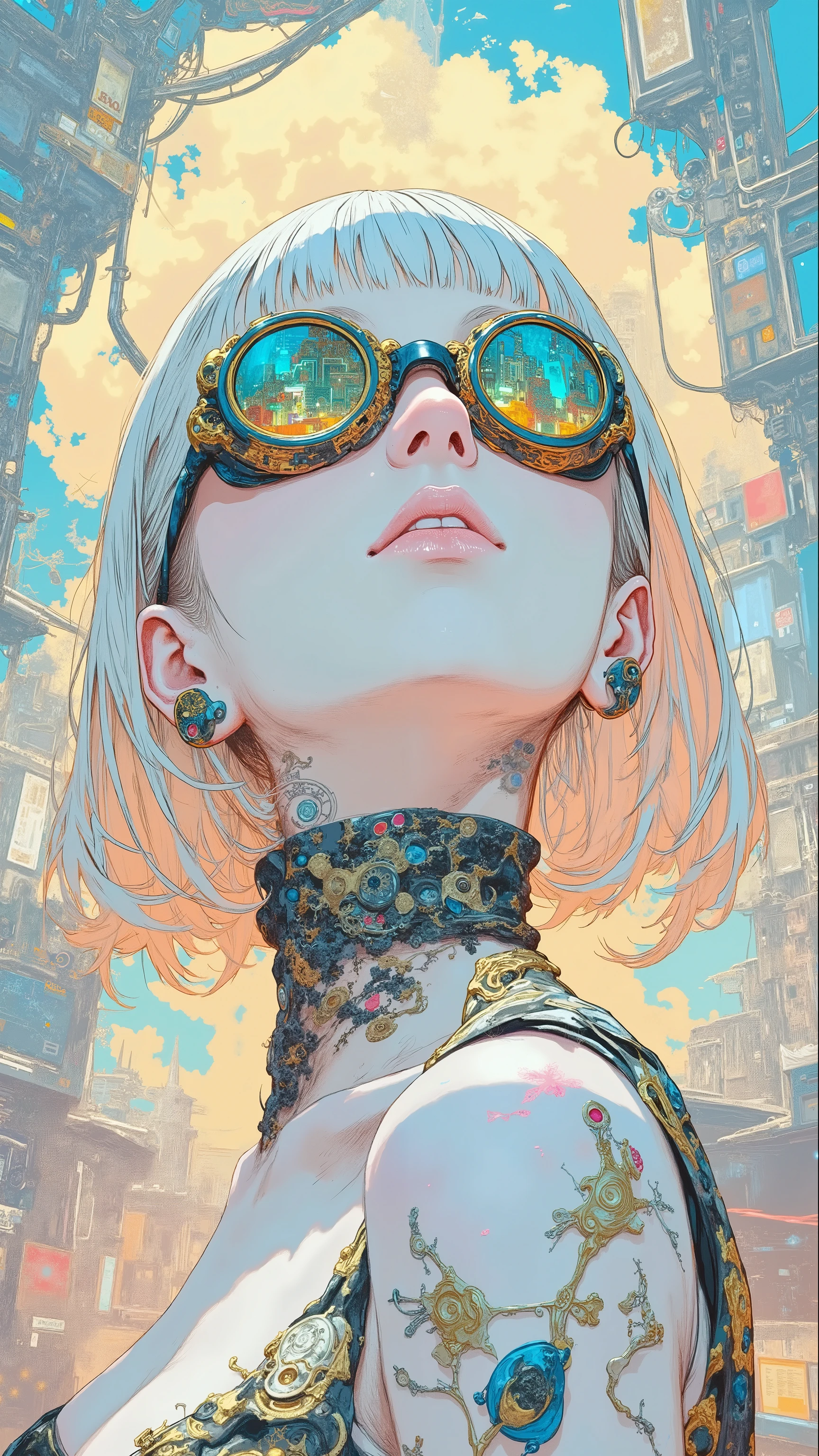 A futuristic, surreal portrait of a biomechanical cyber-woman with intricate, organic, and mechanical elements integrated into her design. She has flowing white hair that seems to merge into a swirling, cloud-like texture, and her skin is porcelain white with delicate golden cracks resembling a network of veins or circuits. She wears elaborate steampunk goggles with golden frames, reflecting a vibrant, abstract cityscape. Her neck and shoulders are adorned with intricate, lace-like patterns resembling a blend of golden filigree and dark organic matter. The overall aesthetic is a fusion of cyberpunk, baroque, and fantasy, with glowing, otherworldly highlights and a soft, ethereal background. The mood is mysterious, elegant, and futuristic.