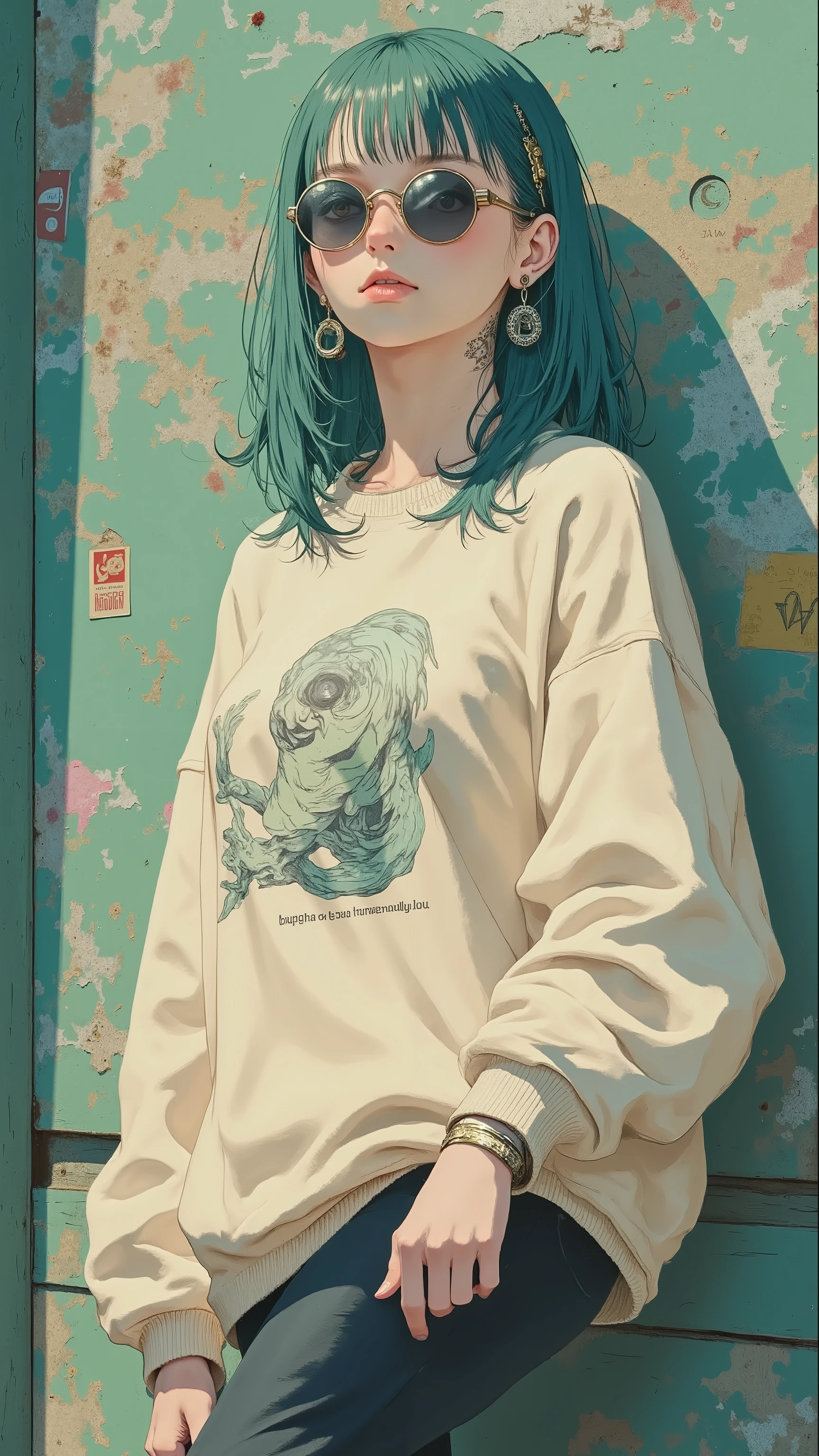 32k, Masterpiece, top quality, ( Korea's Beautiful Woman) Close-up, teal hair, loose waves, oversized sweatshirt, beige, graphic design, dark pants, sunglasses, earrings, bracelet, weathered green wall, faded markings, natural sunlight, relaxed pose, slightly grunge background.