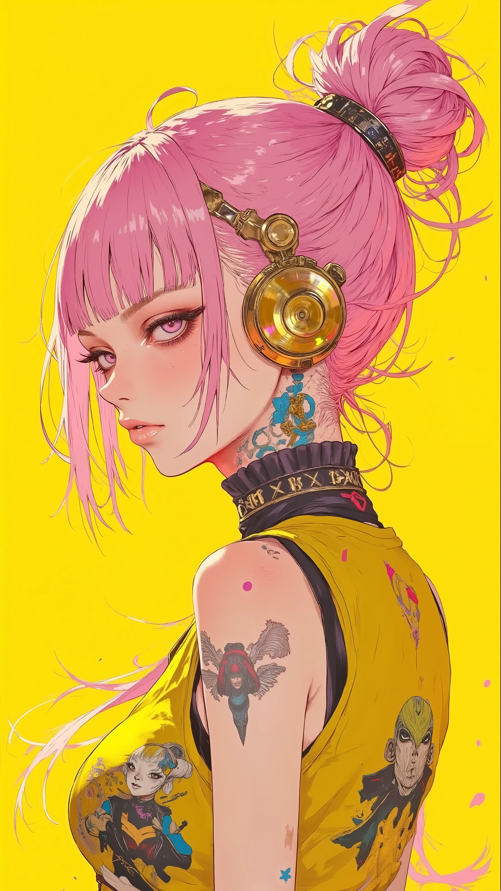 32k, Masterpiece, Top Quality, (Korea's Beautiful Women) vibrant pink hair, messy bun hairstyle, golden yellow headphones, yellow background, yellow vest, visible tattoos, subtle makeup, soft lighting, portrait, digital art style, hyper-realistic, high detail, vivid colors,