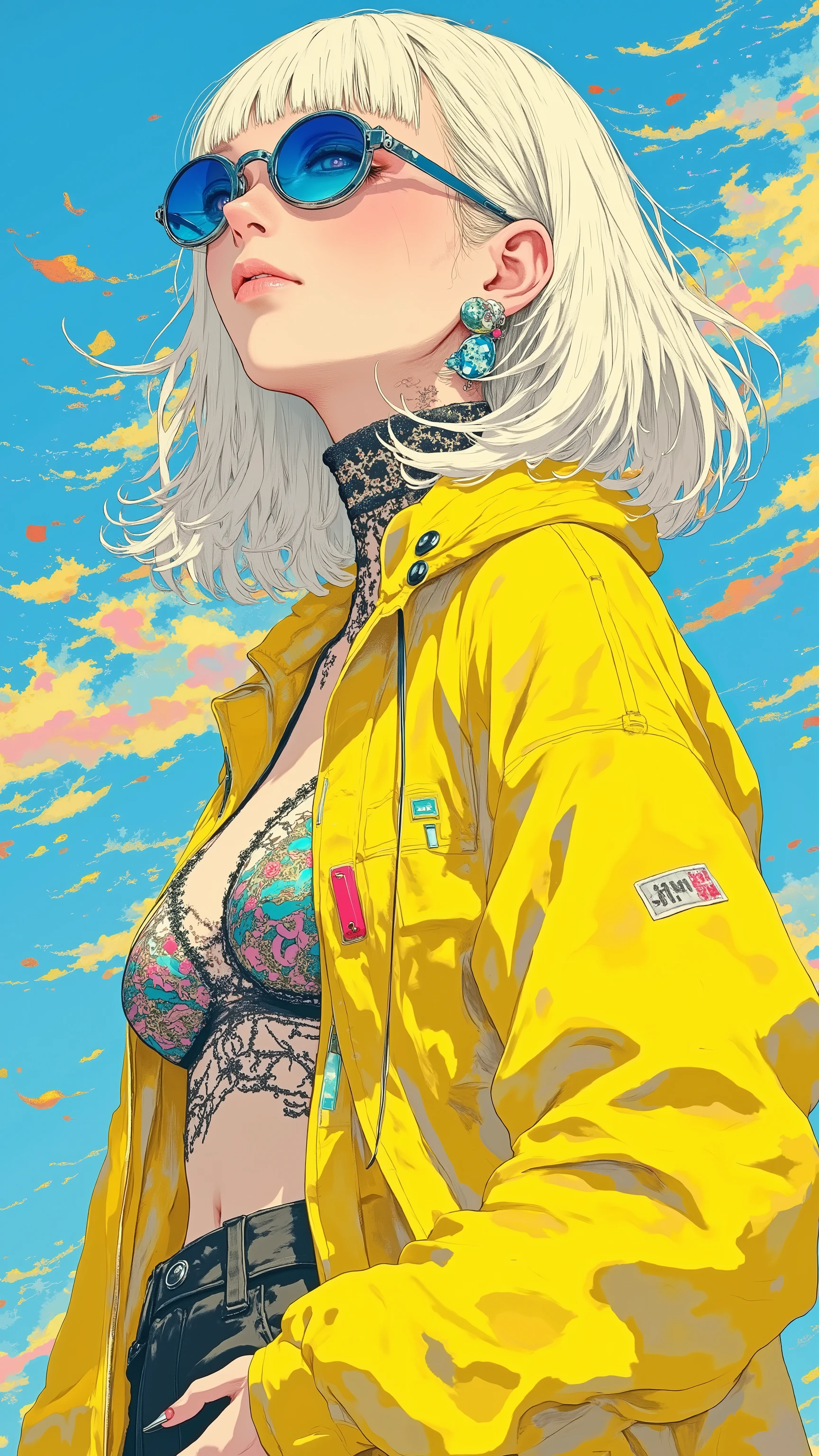 32k, Masterpiece, Top Quality, (Korea's Beautiful Women) Platinum blonde hair, vivid yellow oversized jacket, blue circular sunglasses, hanging diamond earrings, blue background, bold color, high contrast, digital art, vector-like, sophisticated and modern, urban chic, fashion forward, detailed linework, smooth gradient, pop art influence, side profile, editorial style