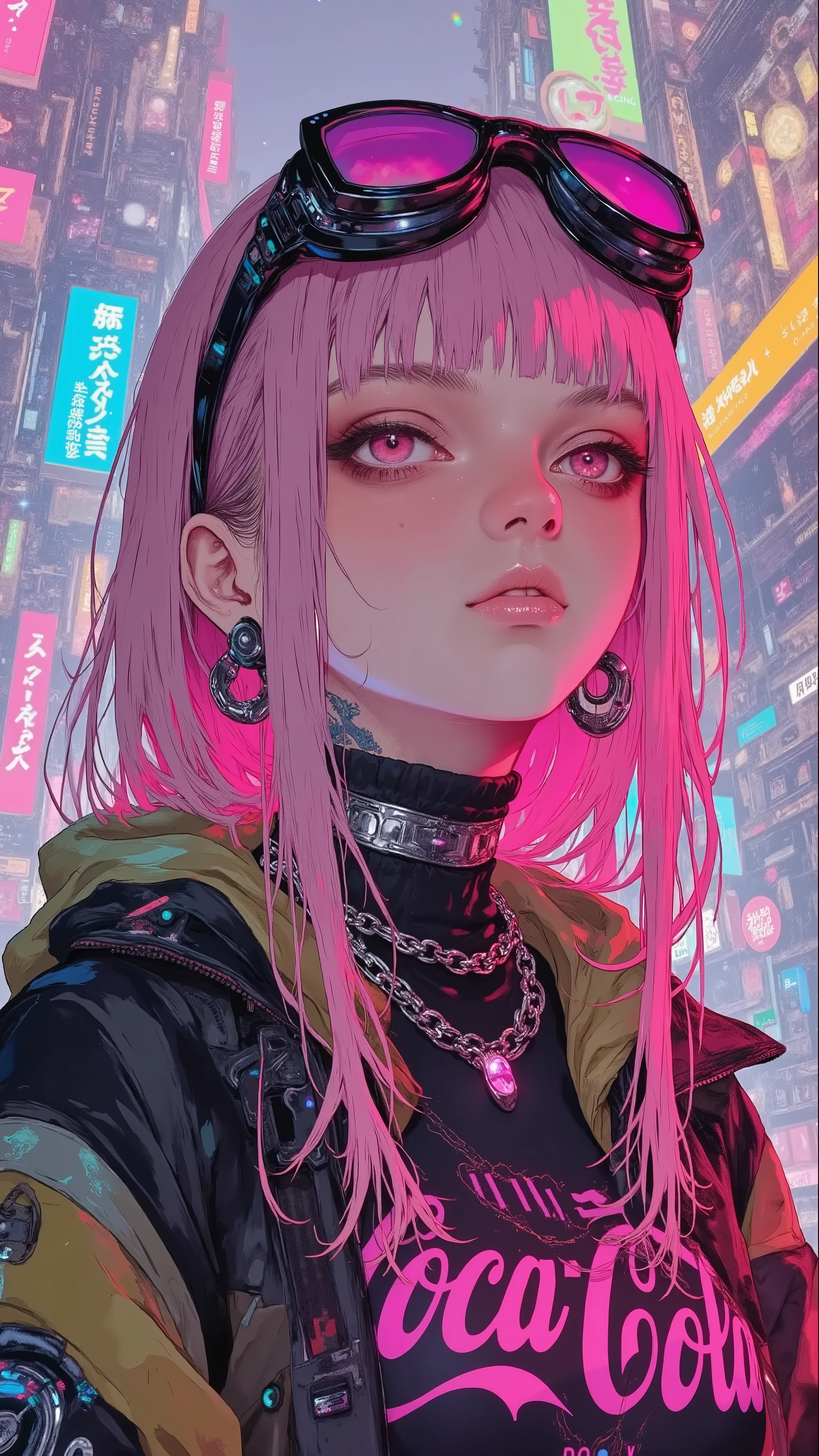 32k, Masterpiece, Top Quality, (Korea's Beautiful Women) Cyberpunk, pink hair, neon city background, goggles on head, Coca-Cola jacket, colorful lighting, futuristic street fashion, night scene, vibrant colors, shallow depth of field, high-contrast photography, urban dystopia aesthetic, glossy lips, detailed facial features, stylized realism