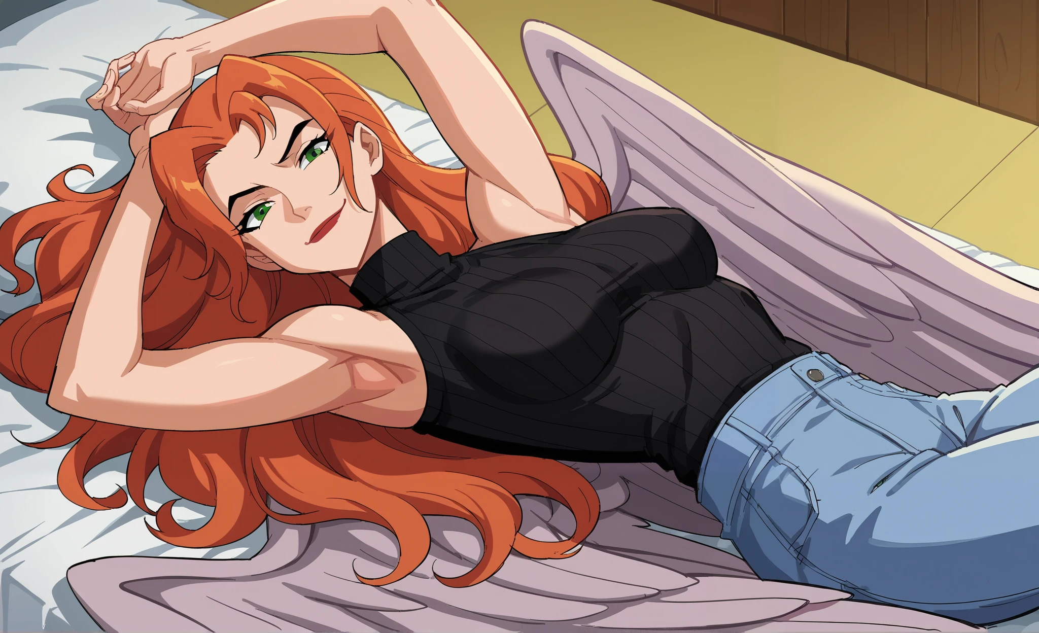 score_9, score_8_up, score_7_up, source_anime, anime screencap, 1girl, solo, shayera hol, angel wings, feathered wings, wings, long hair, green eyes, black sweater, sleeveless sweater, ribbed sweater, turtleneck, medium breasts, bare shoulders, bare arms, arm up, raised arm, armpit, looking at viewer, head towards viewer, smile, closed mouth, badhandv4, from side, lying in bed