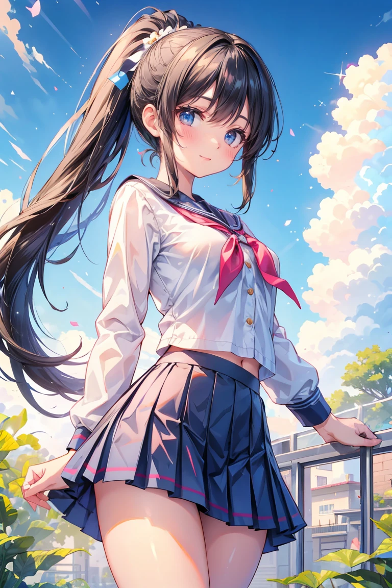 (masterpiece, Highest quality:1.2), Cowboy Shot, alone, One person, akebi komichi, smile, Mouth closed, View your viewers, Put your arms behind your back, school uniform, Seraphim, Pleated skirt