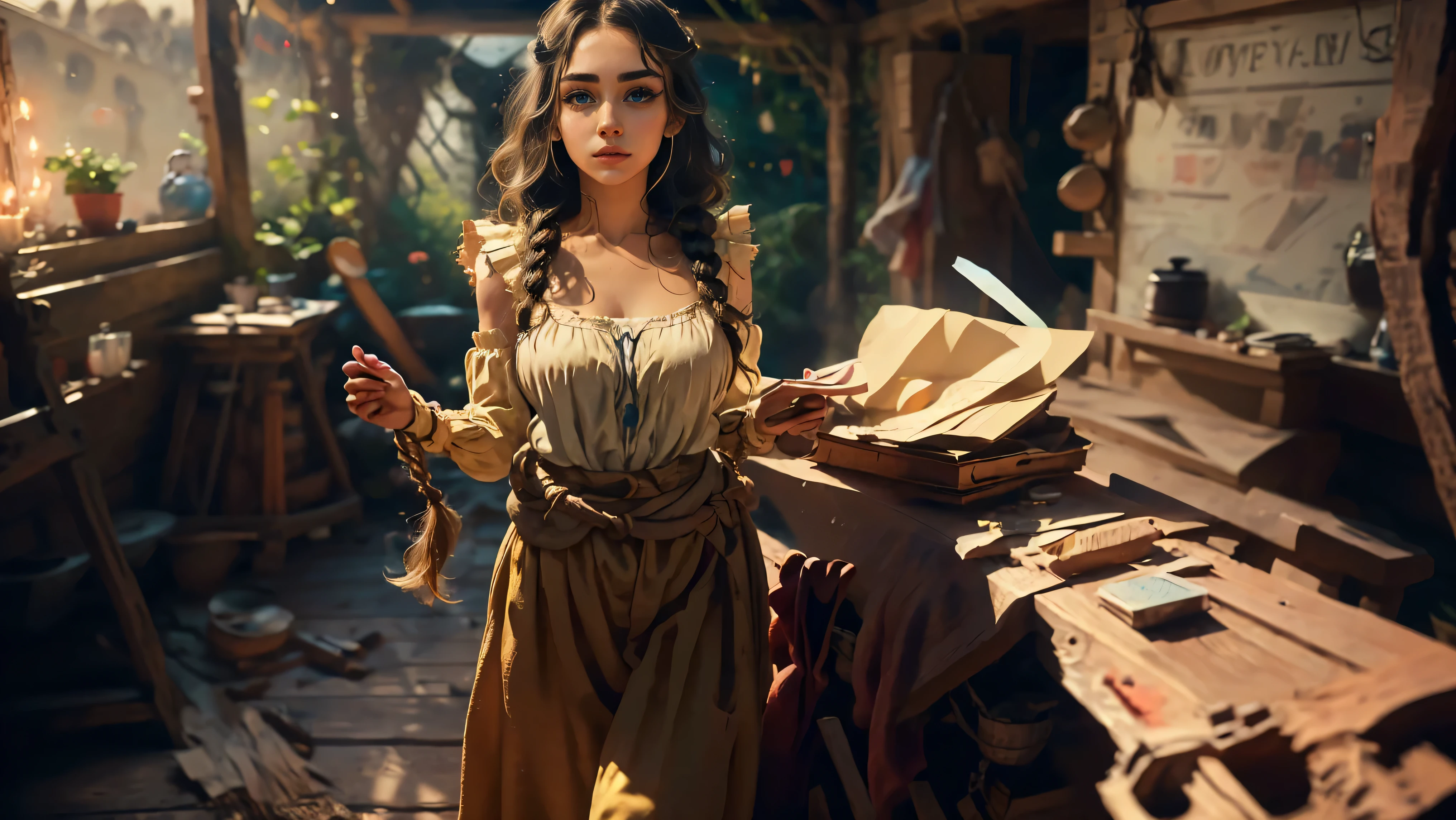 Masterpiece, Hi-detailed, best quality, 8K, (realistic:1.2), ((single girl, solo, only one girl)), standing, ((servant girl)), ((loli)), ((makeup)), ((long eyelashes, mascara, eyeliner)), ((girl standing at the door)), ((welcoming you home, excited for you)), (wanting to embrace you), ((cute, young, yr)), (tall and lanky), (Skinny), (thin frame), (fit, body), (feminine body), (small braids in her hair), (small breasts, round breasts), ((peasant clothes)), ((extremely revealing)), cleavage, beautiful, perfect face, perfect body, large eyes, blue eyes, standing looking at a beautiful vista, Middle Ages, Fantasy,