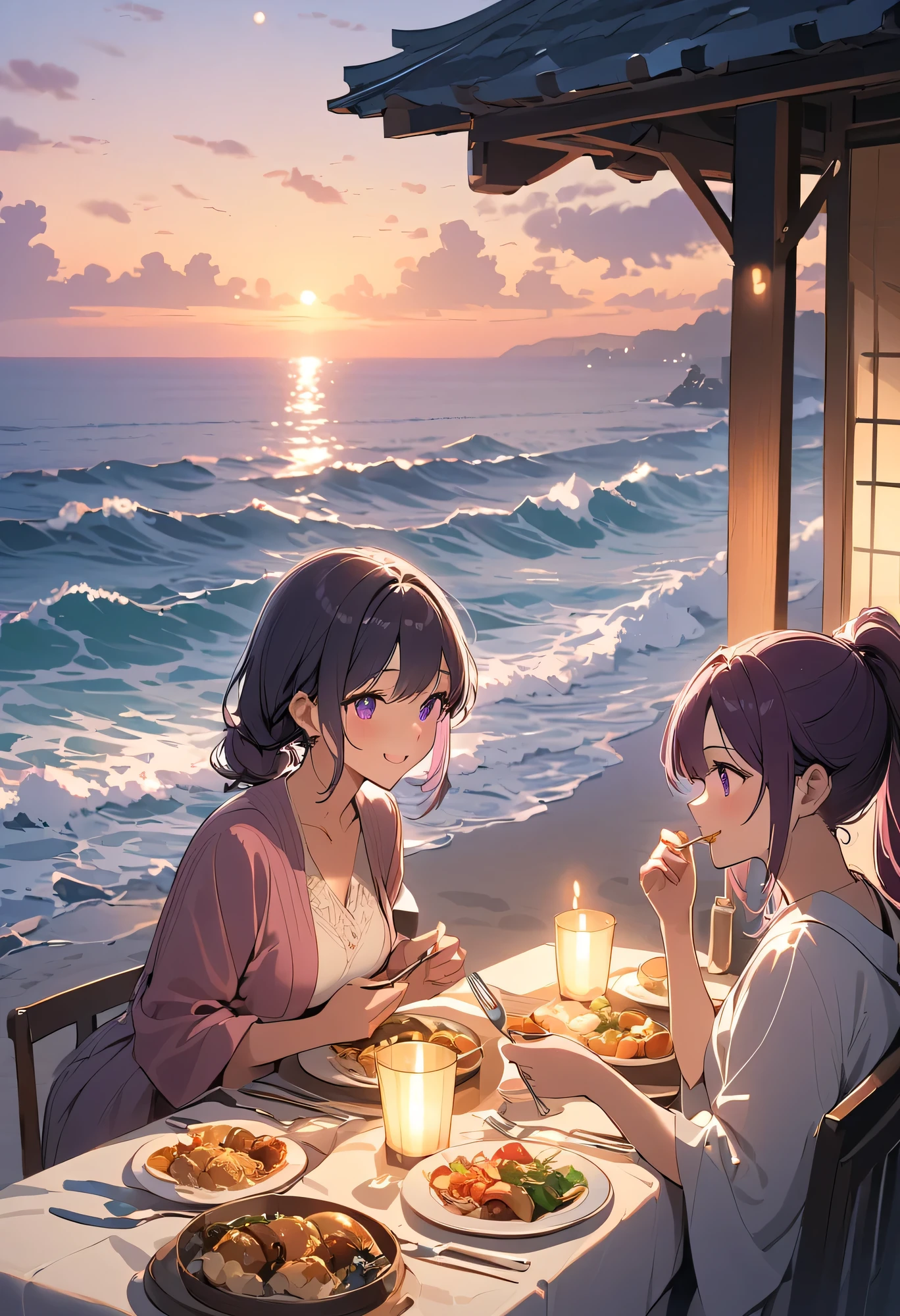 best quality 、 high resolution、( HD:1.2)、masterpiece、 detailed background 、 details、( detailed color:1.4)、 detailed expressions 、 detailed eyes、 anatomically correct、(Normal number of fingers:1.2)、 beautiful woman in her 20s 、 big size、 perfect body line、 Braided Bob Cut 、 ponytail、Glasses、twilight time、 the sky mixed with orange and purple is reflected in the sea 、 The gentle waves are quietly stroking the sand 、 Calm Atmosphere 、 fun atmosphere、 big smile when looking back、
( Two beautiful women enjoying dinner while listening to the sound of the waves at a quiet seaside restaurant :1.5)、
( Two beautiful women eating food :1.5)、
When you sit down on the terrace seat of a restaurant, the pleasant sea breeze strokes your skin and the sound of the waves echoing in the distance reaches your ears gently 、 The soft light of the candle illuminates the table and simple and sophisticated cutlery is arranged on the white tablecloth、 The white wine poured into the glass shimmers in the sunset and relaxes your mind every time you carry it to your mouth 、 An important person sharing the same space next to them 、Conversation is calm 、 The silence that comes from time to time is pleasant 、 The scent of cooking tickles their noses and hands holding forks 、 everything is quietly harmonized A luxurious time to surrender to that moment 、 very beautiful