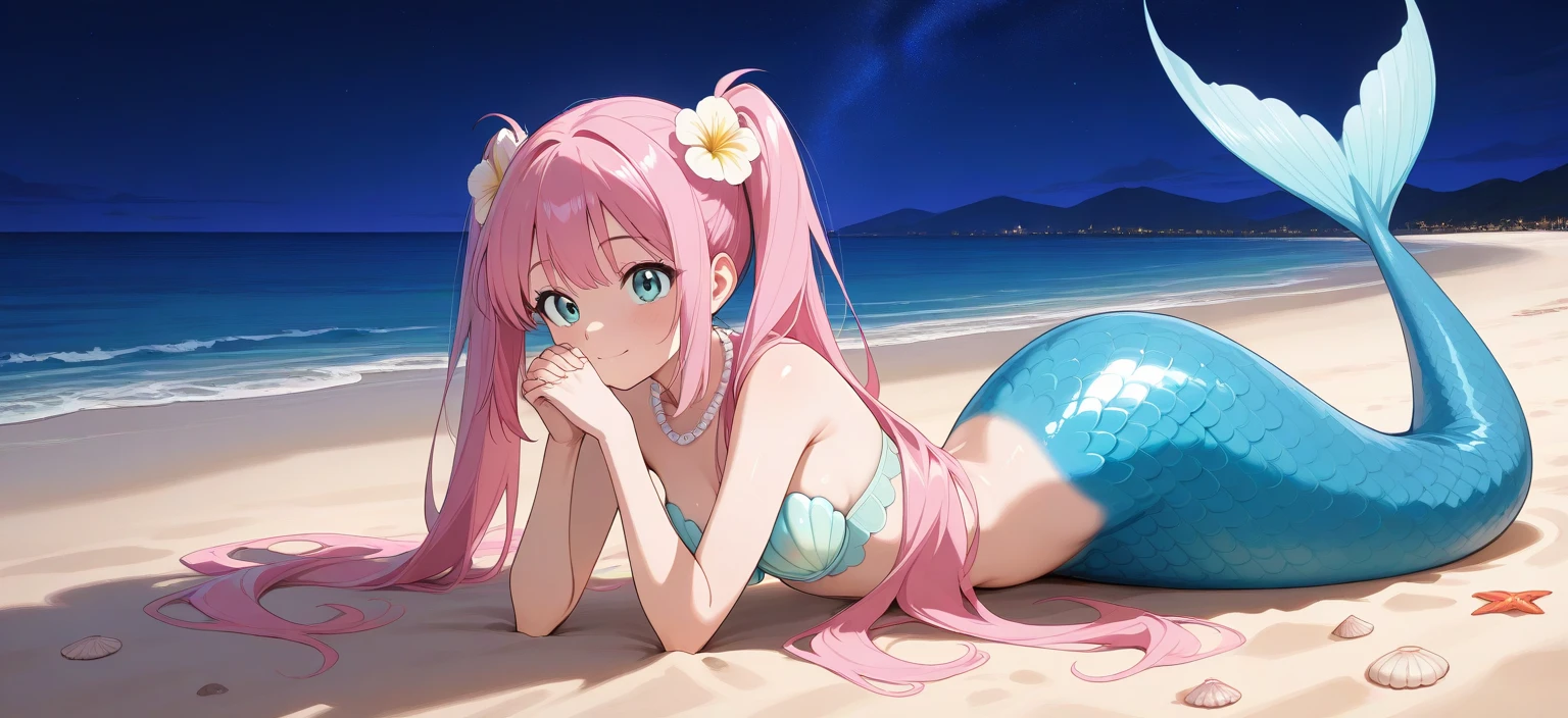 The prompt for the given theme is: "A pretty 15-year-old princess magically transformed into a beautiful mermaid, with a race swap. She has a fish-like appearance, including a long red mermaid tail below her waistline and fins as ears. The artwork should be drawn in an anime style, with the princess having very long pigtails of red hair and pink eyes. Best quality, 4k, highres, masterpiece:1.2, ultra-detailed, realistic:1.37 Medium: Anime Additional details: Sparkling ocean waves, colorful coral reefs, a golden crown adorning the princess's head, red scales shimmering under sunlight, a bra made of seashells, and a mesmerizing underwater castle in the background. Artistic style: Fantasy, Fantasy-Art, Portraits Color palette: Vibrant and iridescent colors, with shades of red, green, and pink. Lighting: Soft and gentle underwater illumination, creating a magical and ethereal ambiance." Please make sure to adhere to the prompt format and include at least 5 detailed elements related to the theme.
