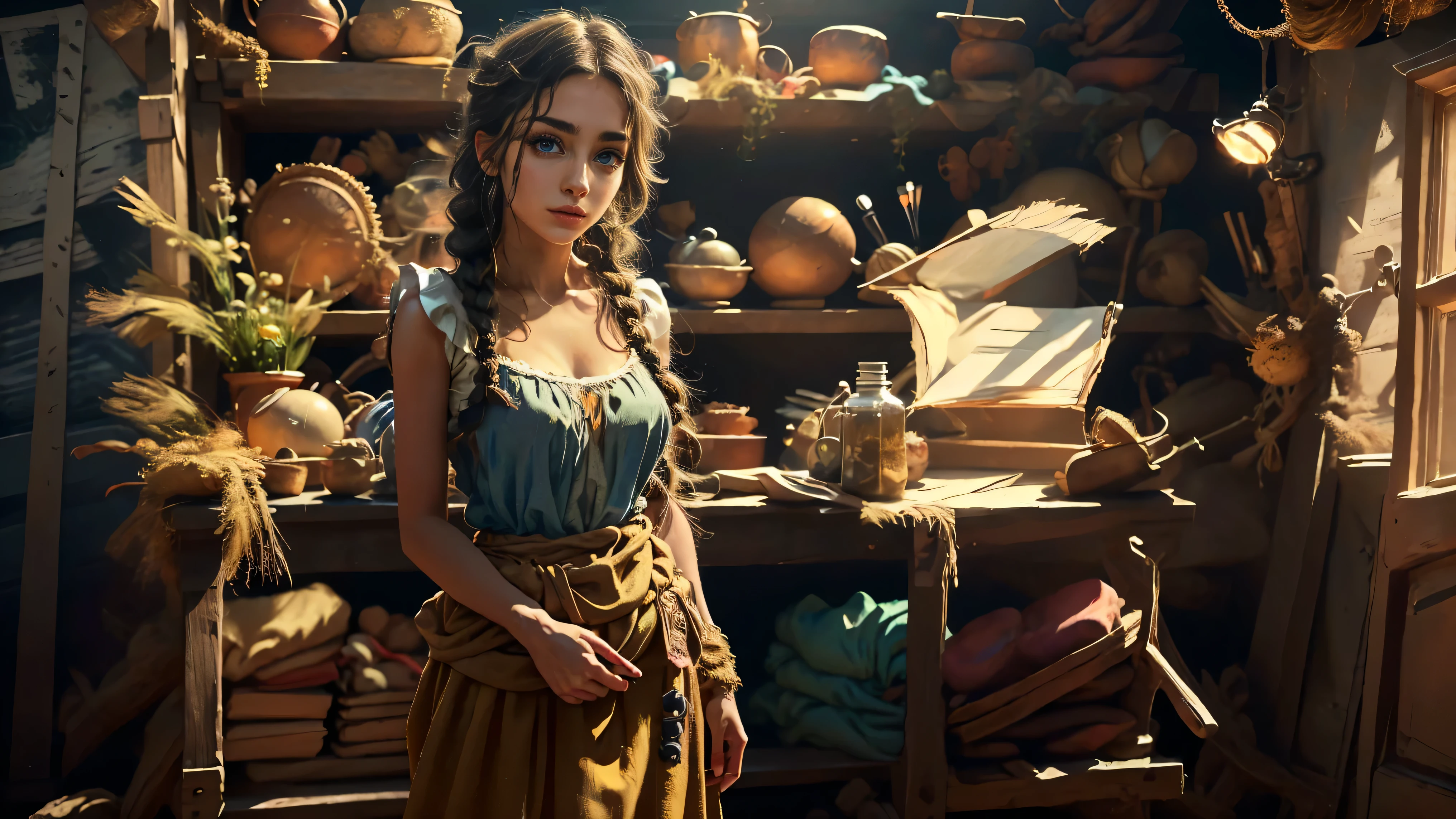 Masterpiece, Hi-detailed, best quality, 8K, (realistic:1.2), ((single girl, solo, only one girl)), standing, ((servant girl)), ((loli)), ((makeup)), ((long eyelashes, mascara, eyeliner)), ((girl standing at the door)), ((welcoming you home, excited for you)), (wanting to embrace you), ((cute, young, yr)), (tall and lanky), (Skinny), (thin frame), (fit, body), (feminine body), (small braids in her hair), (small breasts, round breasts), ((peasant clothes)), ((extremely revealing)), cleavage, beautiful, perfect face, perfect body, large eyes, blue eyes, standing looking at a beautiful vista, Middle Ages, Fantasy,