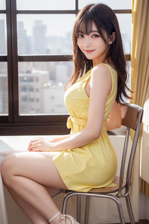 ((Highest quality, 8K, masterpiece: 1.3)), beautiful girl, Pure, Melon face, Kind and cute, sweet smile, Pure desire, Slender body, (front), (Tilt your head), ((Looking into the camera)), Yellow office suit and short skirt, Black Short Hair, Flowing shoulders, big, round, Iris, clear, Big eyes, Moist red lips, sweet, Sitting in the office, Bodies facing random directions, (whole body),