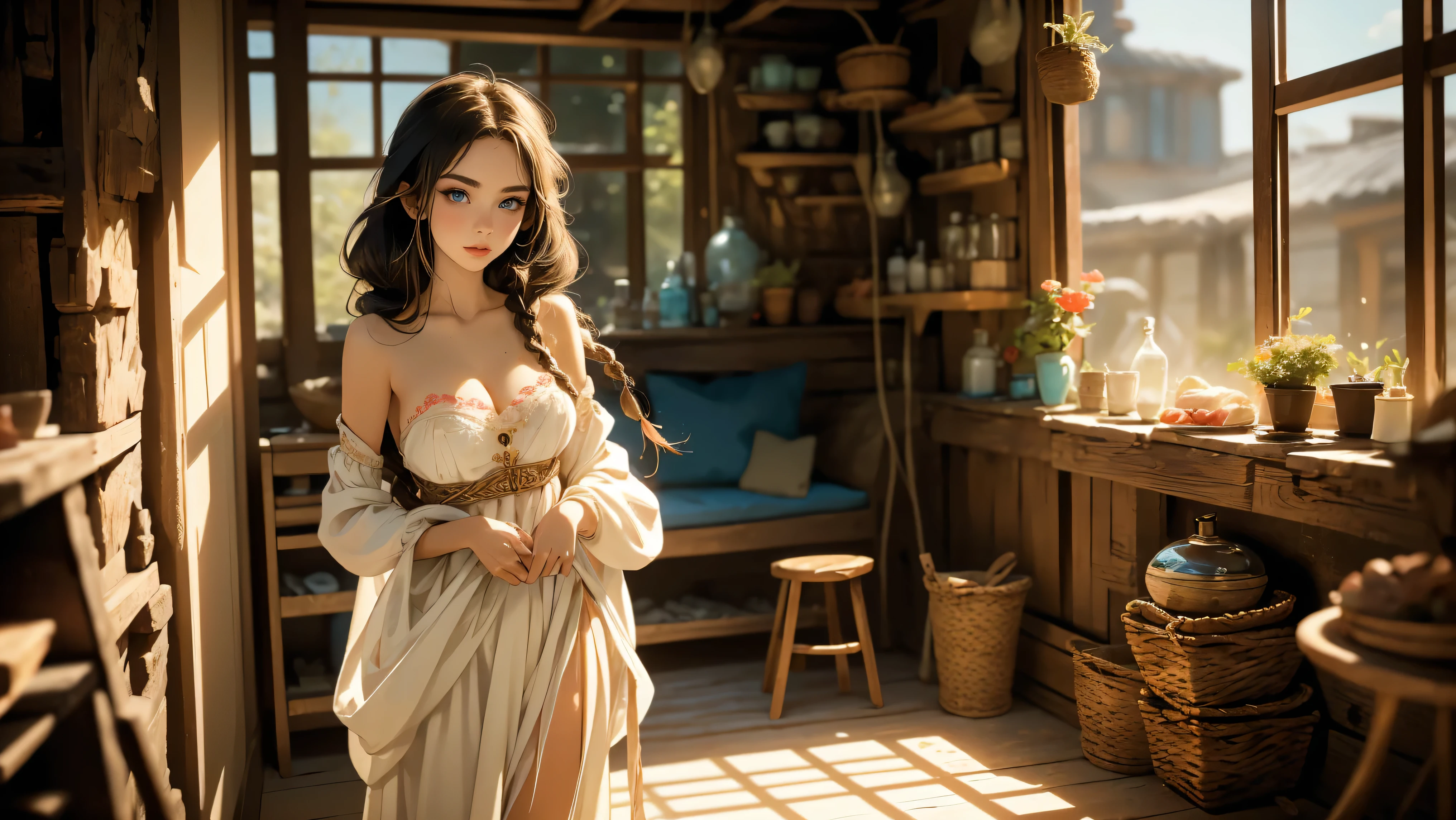 Masterpiece, Hi-detailed, best quality, 8K, (realistic:1.2), ((single girl, solo, only one girl)), standing, ((servant girl)), ((loli)), ((makeup)), ((long eyelashes, mascara, eyeliner)), ((girl standing at the door)), ((welcoming you home, excited for you)), (wanting to embrace you), ((cute, young, yr)), (tall and lanky), (Skinny), (thin frame), (fit, body), (feminine body), (small braids in her hair), (small breasts, round breasts), ((peasant clothes)), ((extremely revealing)), cleavage, beautiful, perfect face, perfect body, large eyes, blue eyes, standing looking at a beautiful vista, Middle Ages, Fantasy,