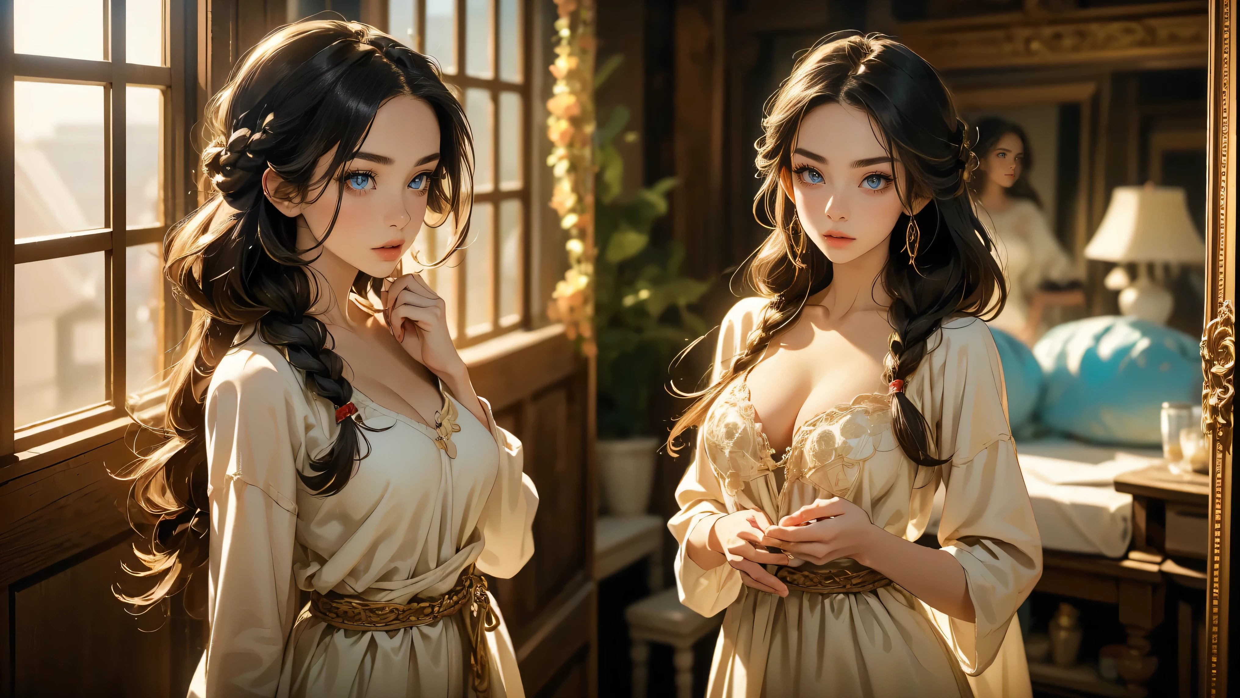 Masterpiece, Hi-detailed, best quality, 8K, (realistic:1.2), ((single girl, solo, only one girl)), standing, ((servant girl)), ((loli)), ((makeup)), ((long eyelashes, mascara, eyeliner)), ((girl standing at the door)), ((welcoming you home, excited for you)), (wanting to embrace you), ((cute, young, yr)), (tall and lanky), (Skinny), (thin frame), (fit, body), (feminine body), (small braids in her hair), (small breasts, round breasts), ((peasant clothes)), ((extremely revealing)), cleavage, beautiful, perfect face, perfect body, large eyes, blue eyes, standing looking at a beautiful vista, Middle Ages, Fantasy,
