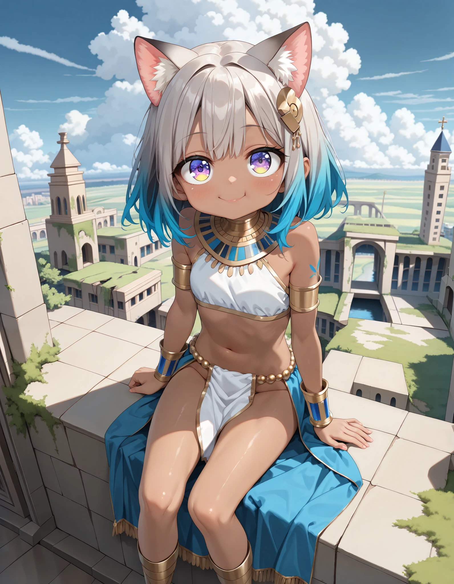 ((Masterpiece)), ((best quality)), (8K), (wide shot, from above), cinematic lighting, (detailed background:1.2), (super detail:1.2),(High Definition:1.3), (Professional Photography:1.2), (very aesthetic:1.2), (absurdres:1.2), (sharp focus), ((1girl)), Textured skin,((kawaii)), Egyptian girl, (pale purple eyes, gradient eyes, upturned eyes), (naughty smile), cute eyes, (put on cat ears), (trival tubetop), ((trival long loincloth)), dark skin, (Healthy body), slim body, (platinum-gold hair), ((messy long bangs)), gradient hair, blue color Hair Tip, (medium hair), BREAK, (tilt head), (ancient ruined overgrown), (cute cheeks), glossy lips, pouty lips, (lower eyelashes), colorful eyes, round eyes, Large Cumulonimbus Clouds, loose sitting,