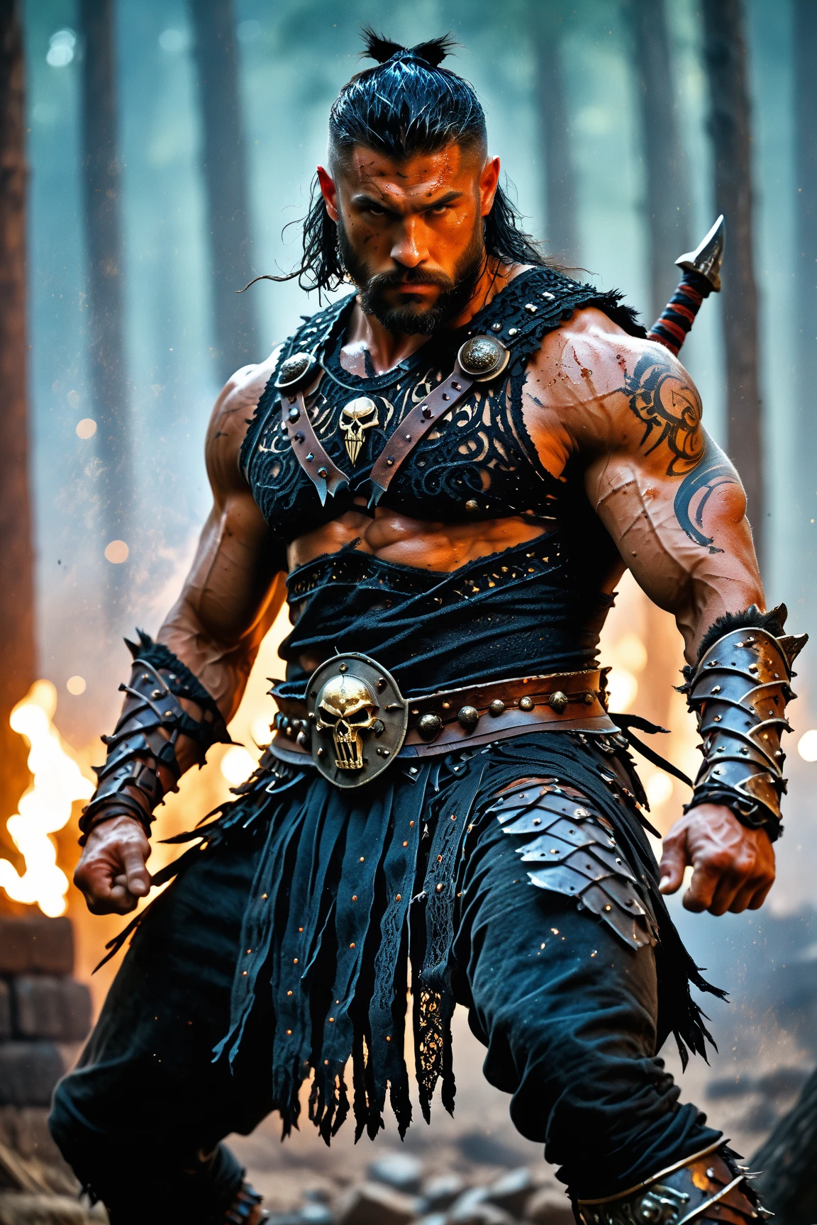 realistic image of a young and handsome Viking warrior with striking and masculine features, squared chin, greeneyes, well-defined eyebrows with a scar above the right eye and dark, shoulder-length hair without a hat, white skin and strong, defined body with some scars spread across the arms and abdomen, viking warrior outfit dress, holding an arak in one hand and an axe in the other