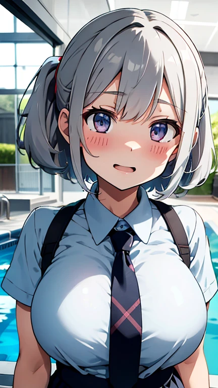 masterpiece,best quality,insanely detailed,
(upper body),(from front),
(1girl),(arms behind back),standing,
BREAK,
(light gray hair:1.1),
BREAK,
((blush:1.3)),(( face:1.3)),((trembling:1.3)),(looking at viewer),(open mouth:1.1),((:1.3)),
BREAK,
(light blue school uniform),(light blue collared shirt:1.3),(short sleeve),BREAK,(plaidskirt),(necktie),
BREAK,
(pool:1.3),